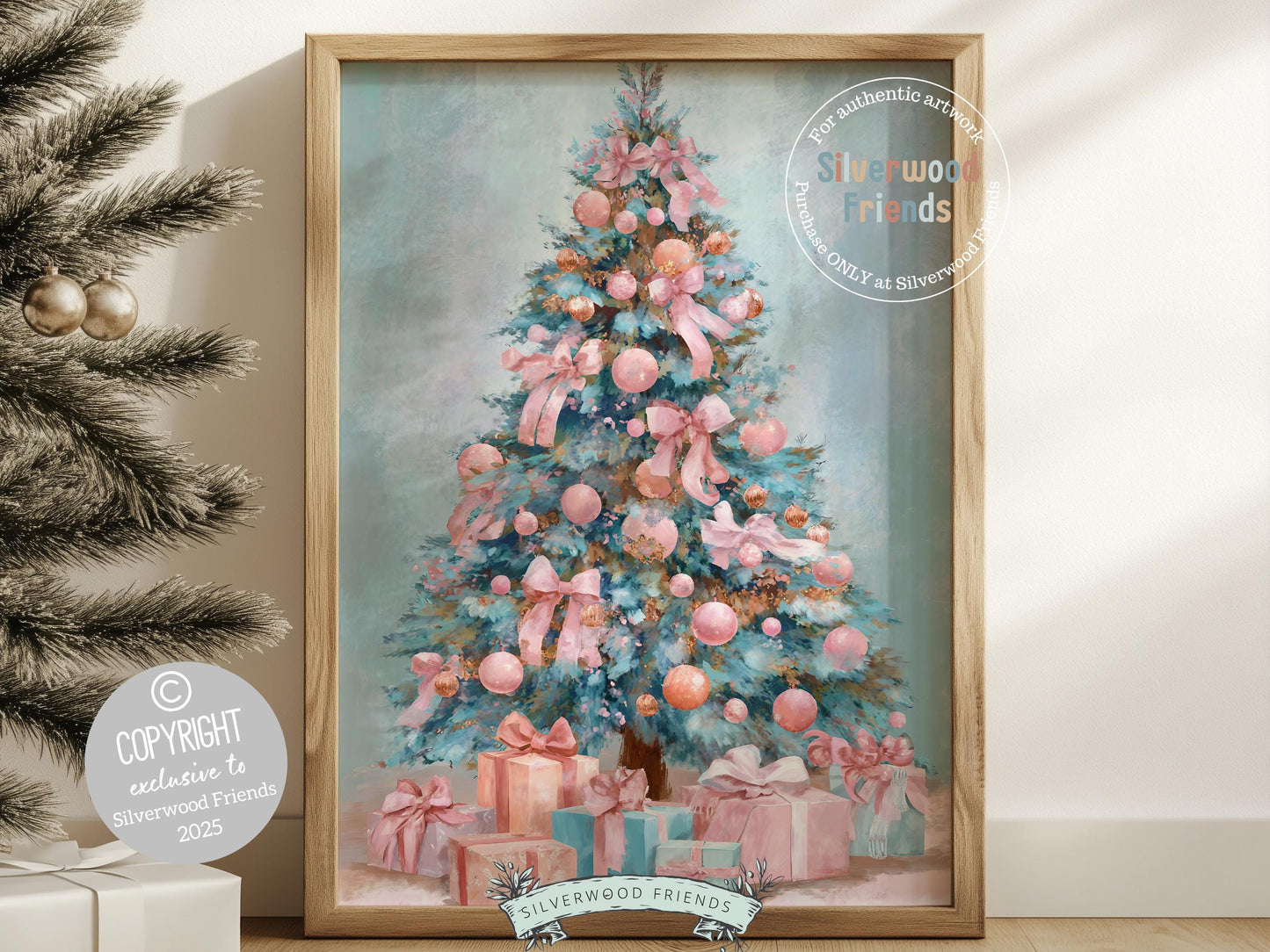 Pastel Pink and Blue Christmas Tree Print, Festive Home Decor Printable Wall Art, Holiday Hosting Decorations, Digital Download Print