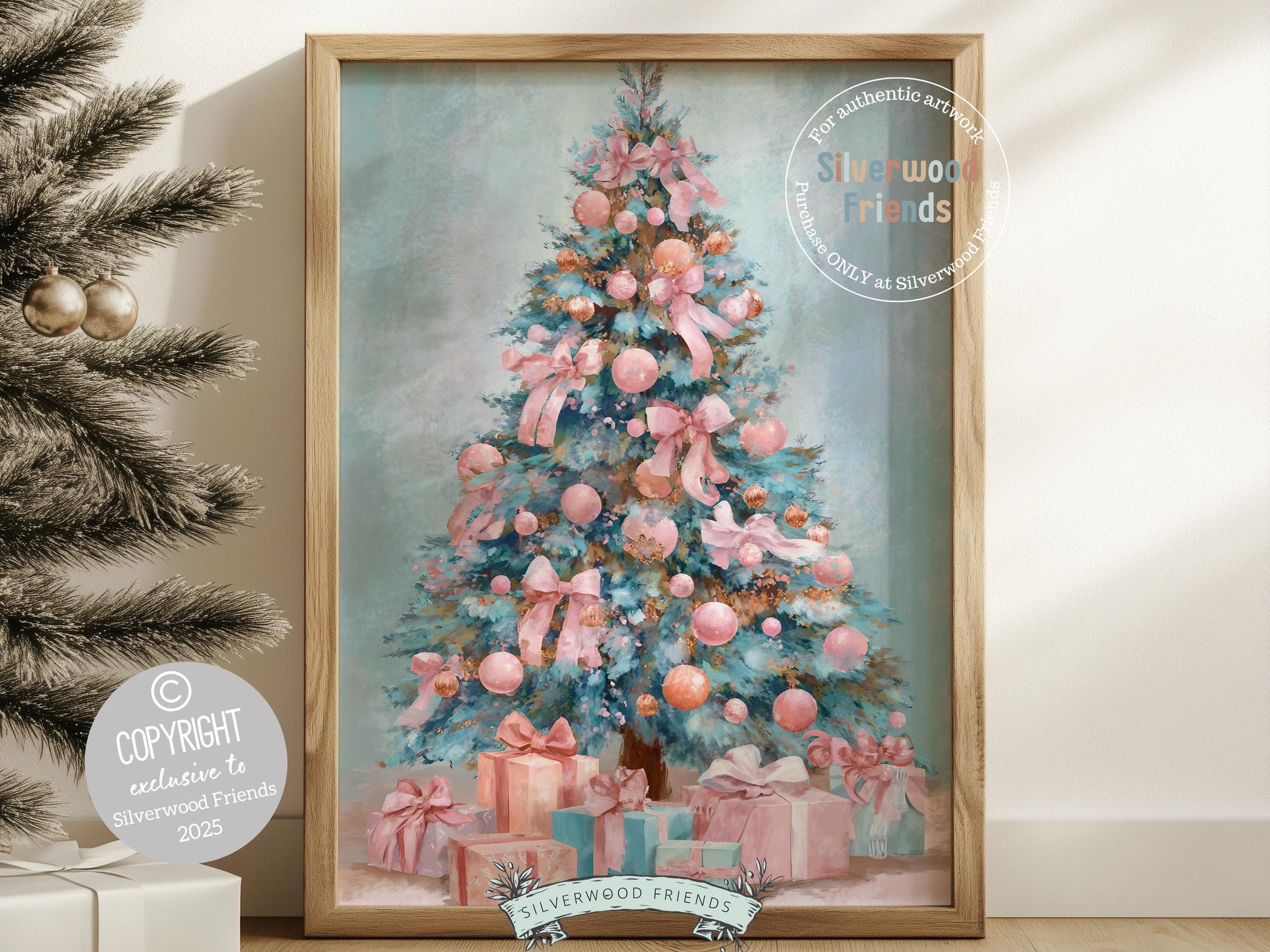 Pastel Pink and Blue Christmas Tree Print, Festive Home Decor Printable Wall Art, Holiday Hosting Decorations, Digital Download Print