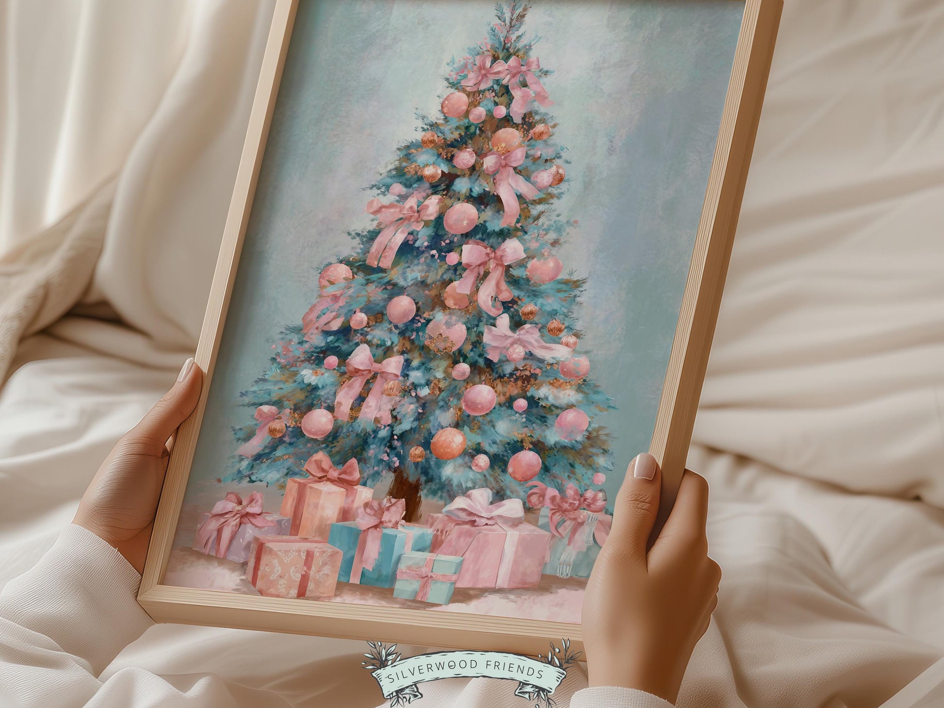 Pastel Pink and Blue Christmas Tree Print, Festive Home Decor Printable Wall Art, Holiday Hosting Decorations, Digital Download Print