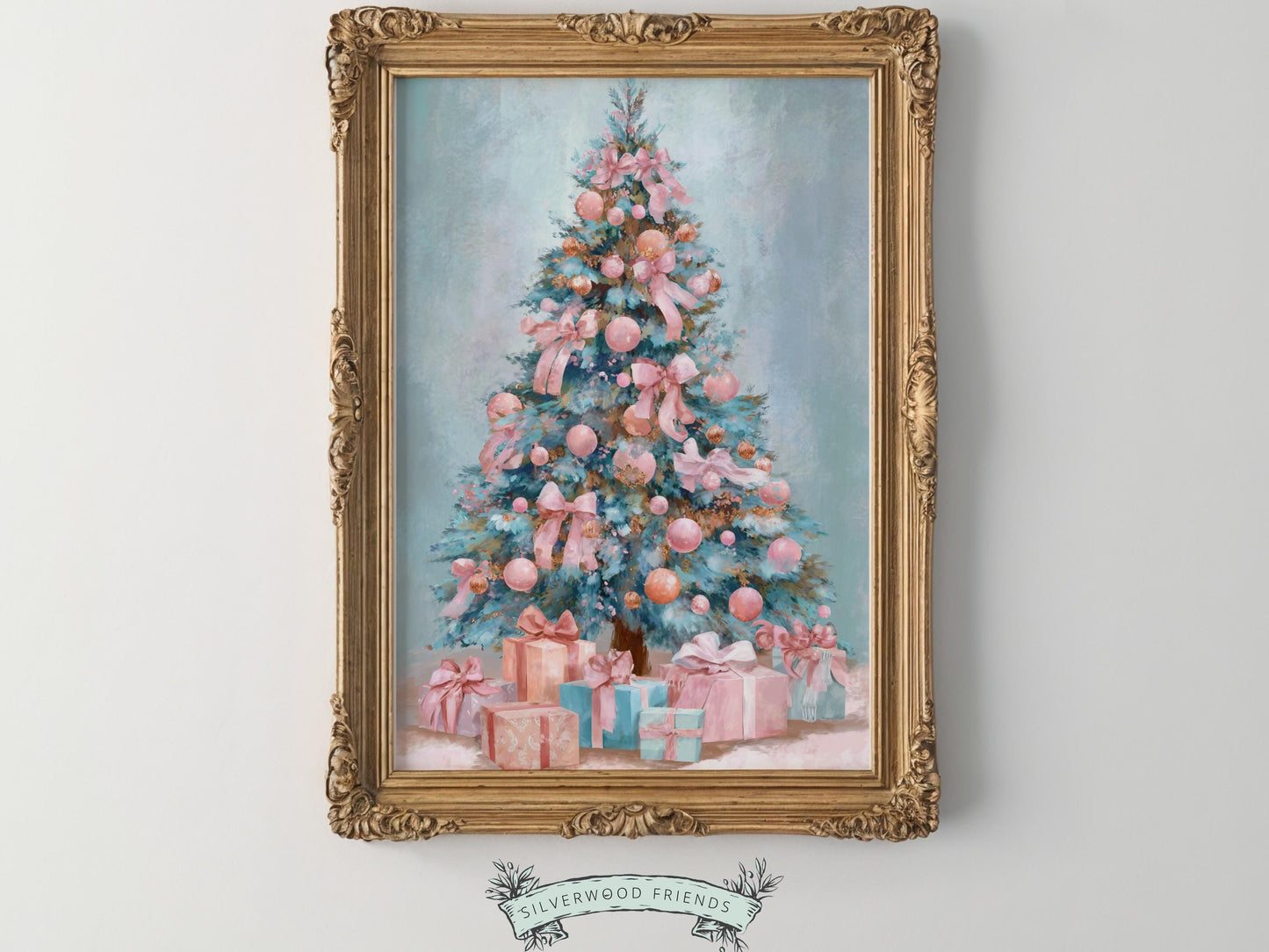 Pastel Pink and Blue Christmas Tree Print, Festive Home Decor Printable Wall Art, Holiday Hosting Decorations, Digital Download Print