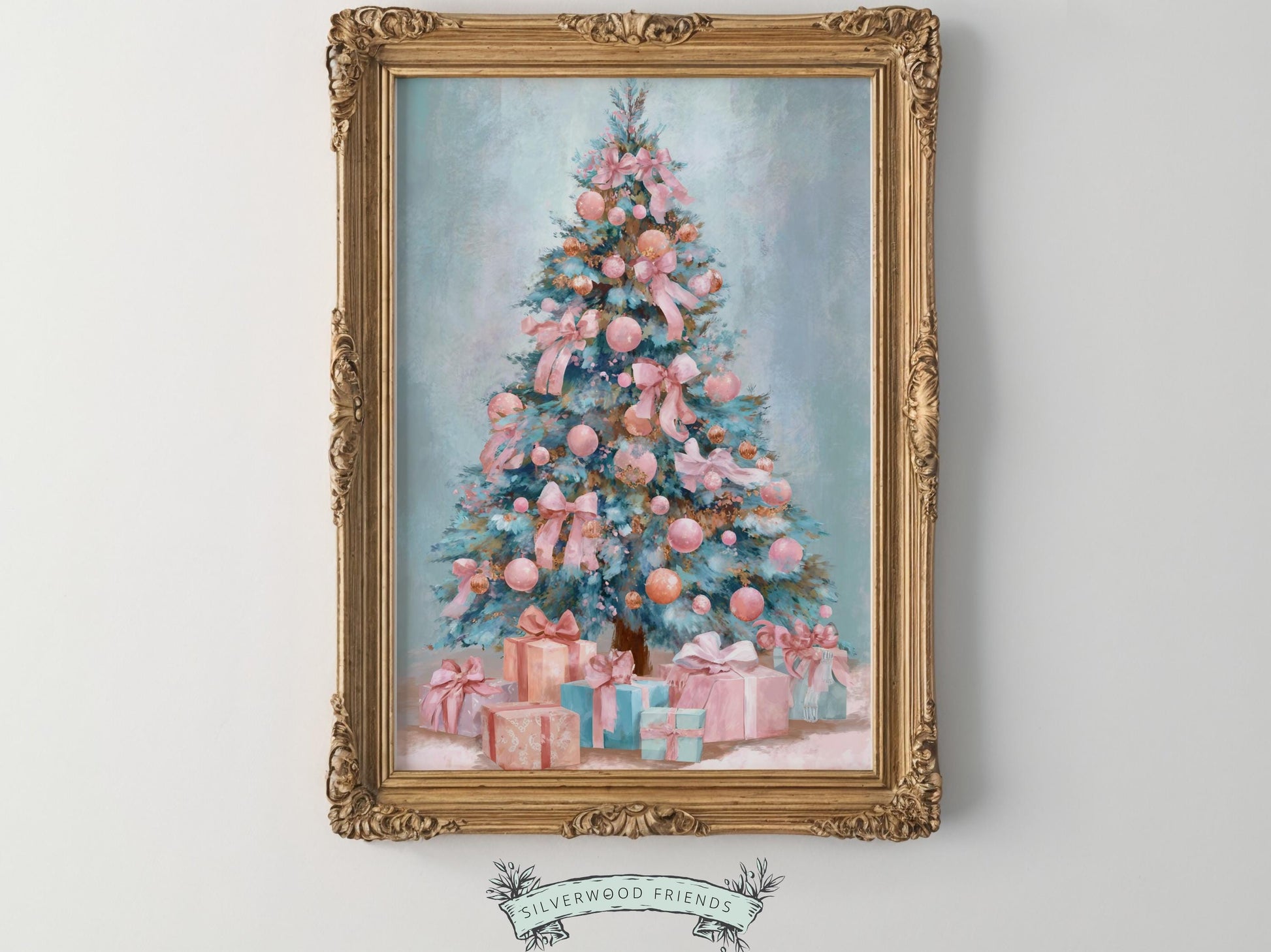 Pastel Pink and Blue Christmas Tree Print, Festive Home Decor Printable Wall Art, Holiday Hosting Decorations, Digital Download Print