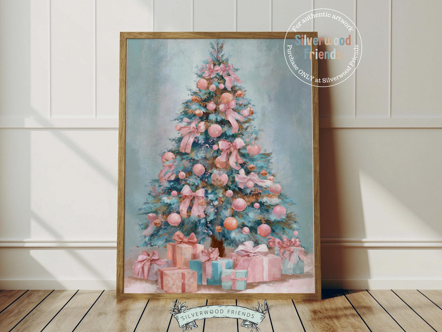 Pastel Pink and Blue Christmas Tree Print, Festive Home Decor Printable Wall Art, Holiday Hosting Decorations, Digital Download Print