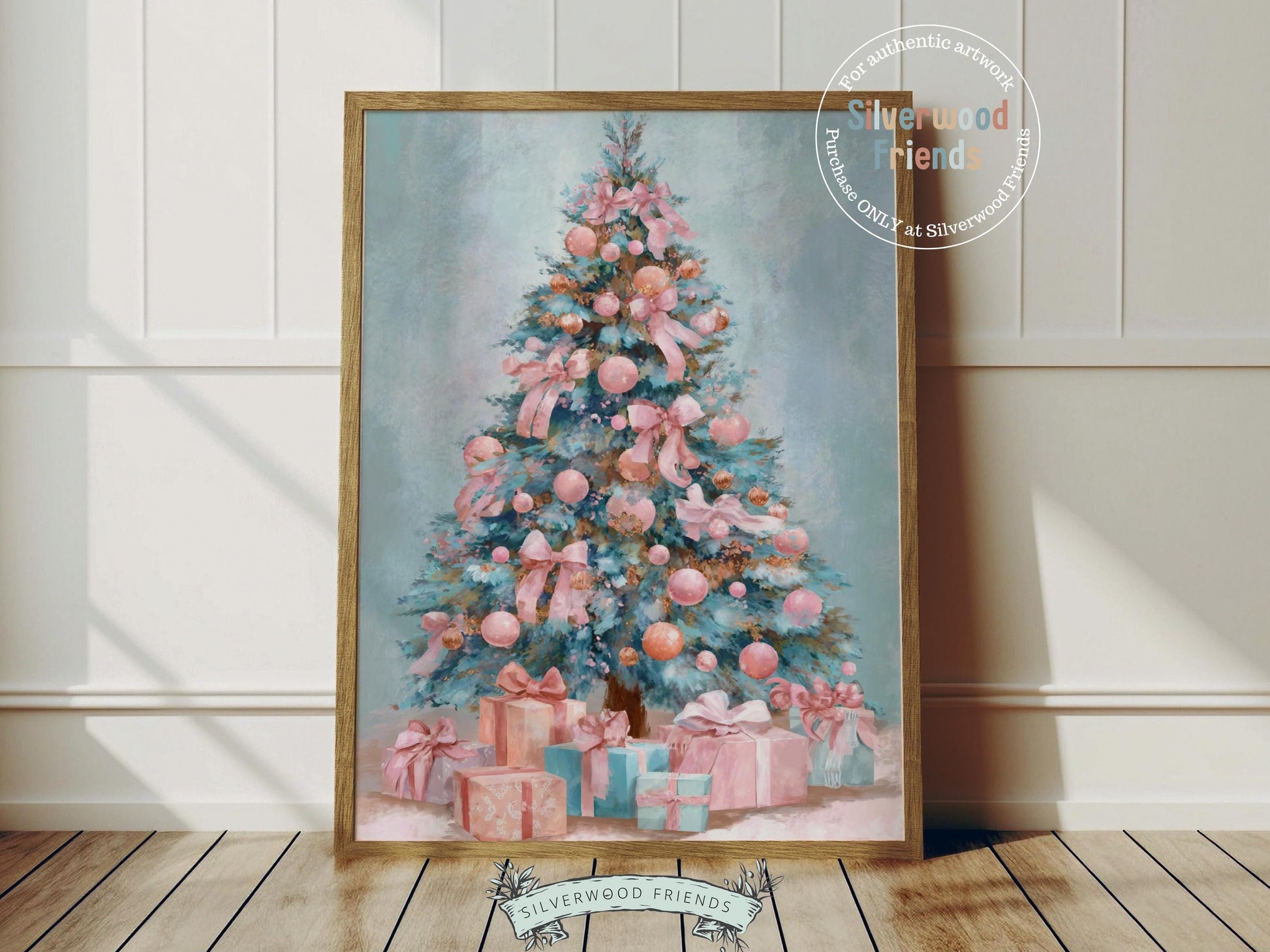 Pastel Pink and Blue Christmas Tree Print, Festive Home Decor Printable Wall Art, Holiday Hosting Decorations, Digital Download Print