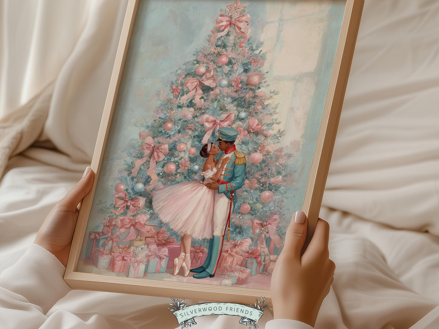 African American Nutcracker Ballet Christmas Print, Black Ballerina and Nutcracker Pastel Christmas Printable Wall Art, Digital Download