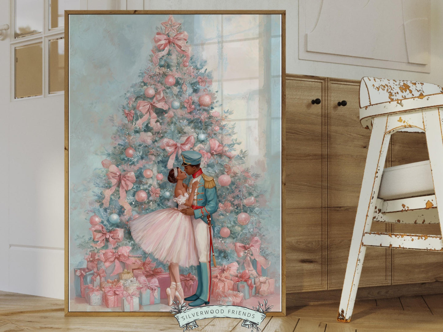 African American Nutcracker Ballet Christmas Print, Black Ballerina and Nutcracker Pastel Christmas Printable Wall Art, Digital Download