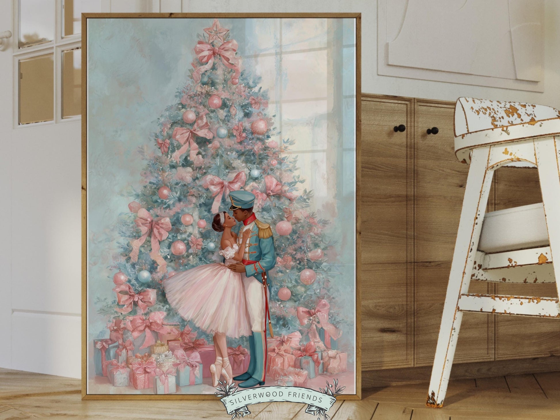 African American Nutcracker Ballet Christmas Print, Black Ballerina and Nutcracker Pastel Christmas Printable Wall Art, Digital Download