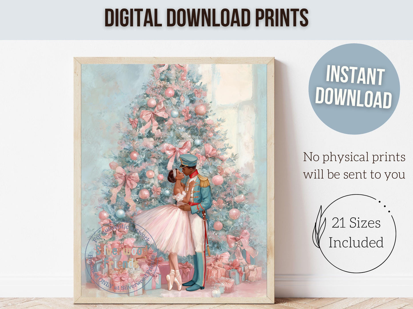 African American Nutcracker Ballet Christmas Print, Black Ballerina and Nutcracker Pastel Christmas Printable Wall Art, Digital Download