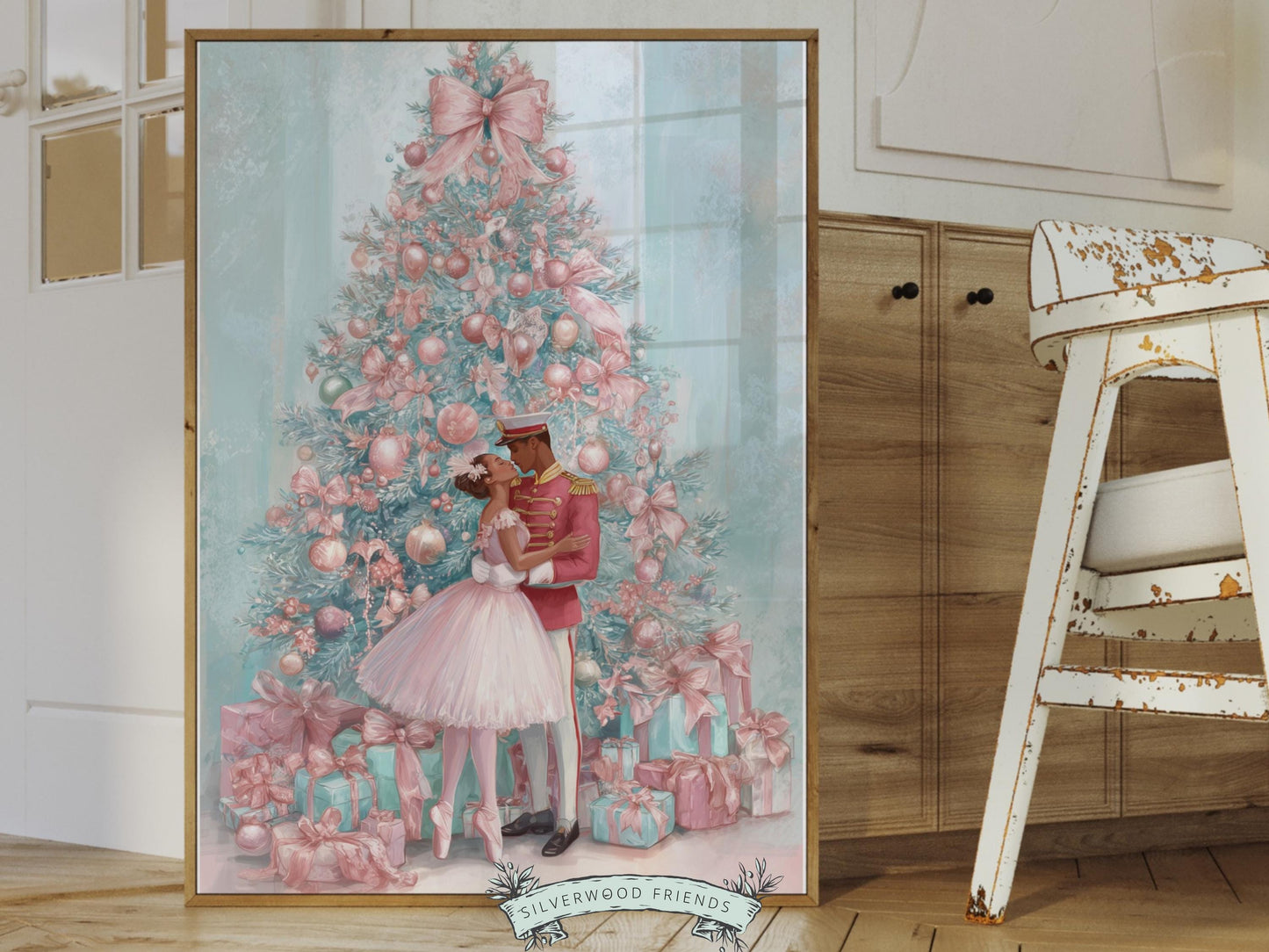 African American Nutcracker Ballet Christmas Print, Black Ballerina and Nutcracker Pastel Pink Christmas Printable Wall Art Digital Download