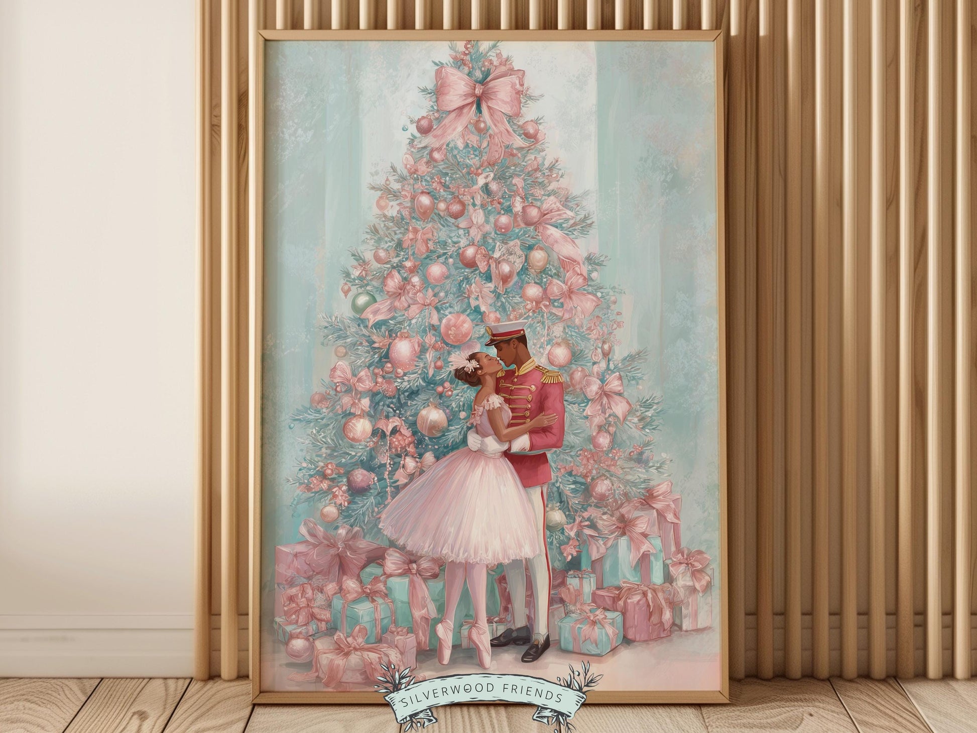 African American Nutcracker Ballet Christmas Print, Black Ballerina and Nutcracker Pastel Pink Christmas Printable Wall Art Digital Download