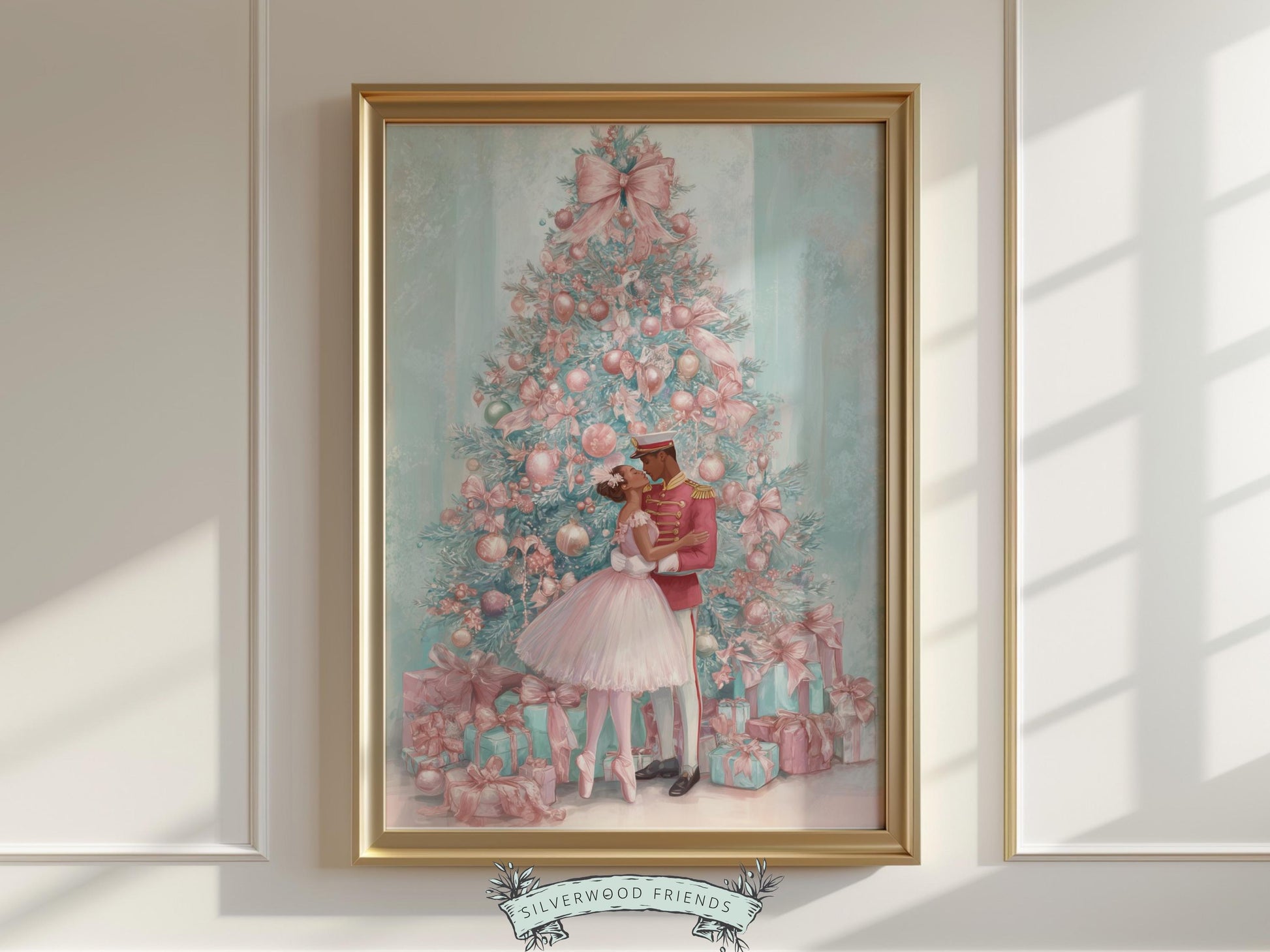 This enchanting pastel Christmas ballet print captures a magical moment as a graceful African American ballerina dances with a Nutcracker soldier beside a shimmering pink and blue Christmas tree. The perfect gift for ballet lovers, this soft watercolor artwork brings whimsical romance and festive elegance to any space, adding year-round charm and beauty.