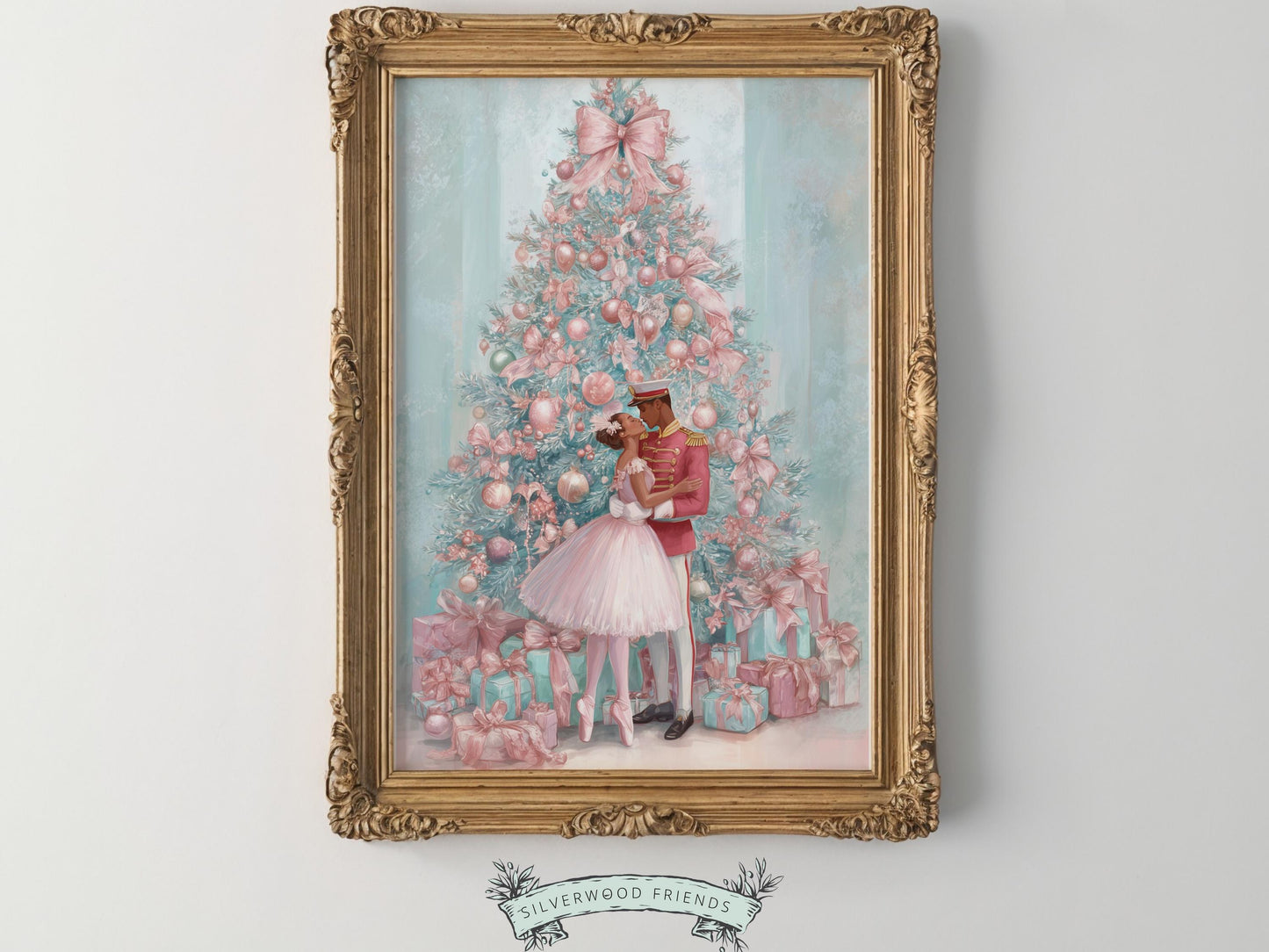 African American Nutcracker Ballet Christmas Print, Black Ballerina and Nutcracker Pastel Pink Christmas Printable Wall Art Digital Download