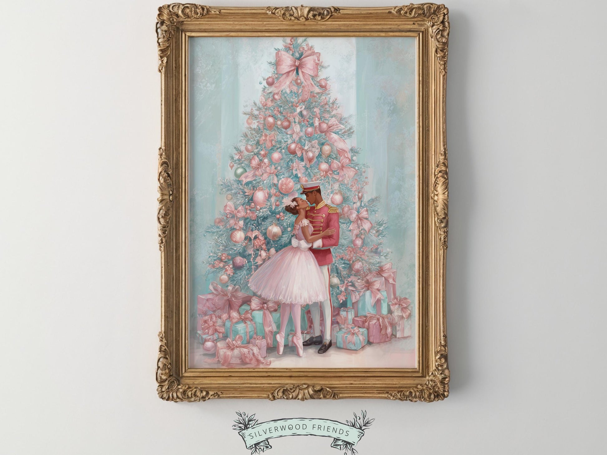 African American Nutcracker Ballet Christmas Print, Black Ballerina and Nutcracker Pastel Pink Christmas Printable Wall Art Digital Download