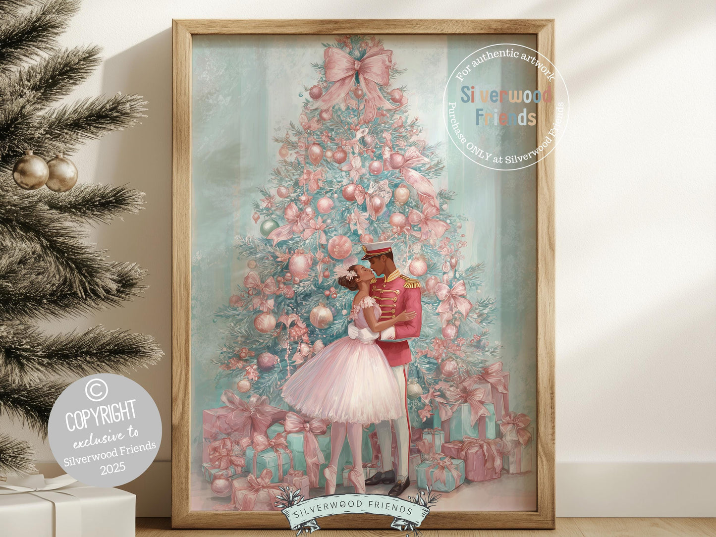 African American Nutcracker Ballet Christmas Print, Black Ballerina and Nutcracker Pastel Pink Christmas Printable Wall Art Digital Download