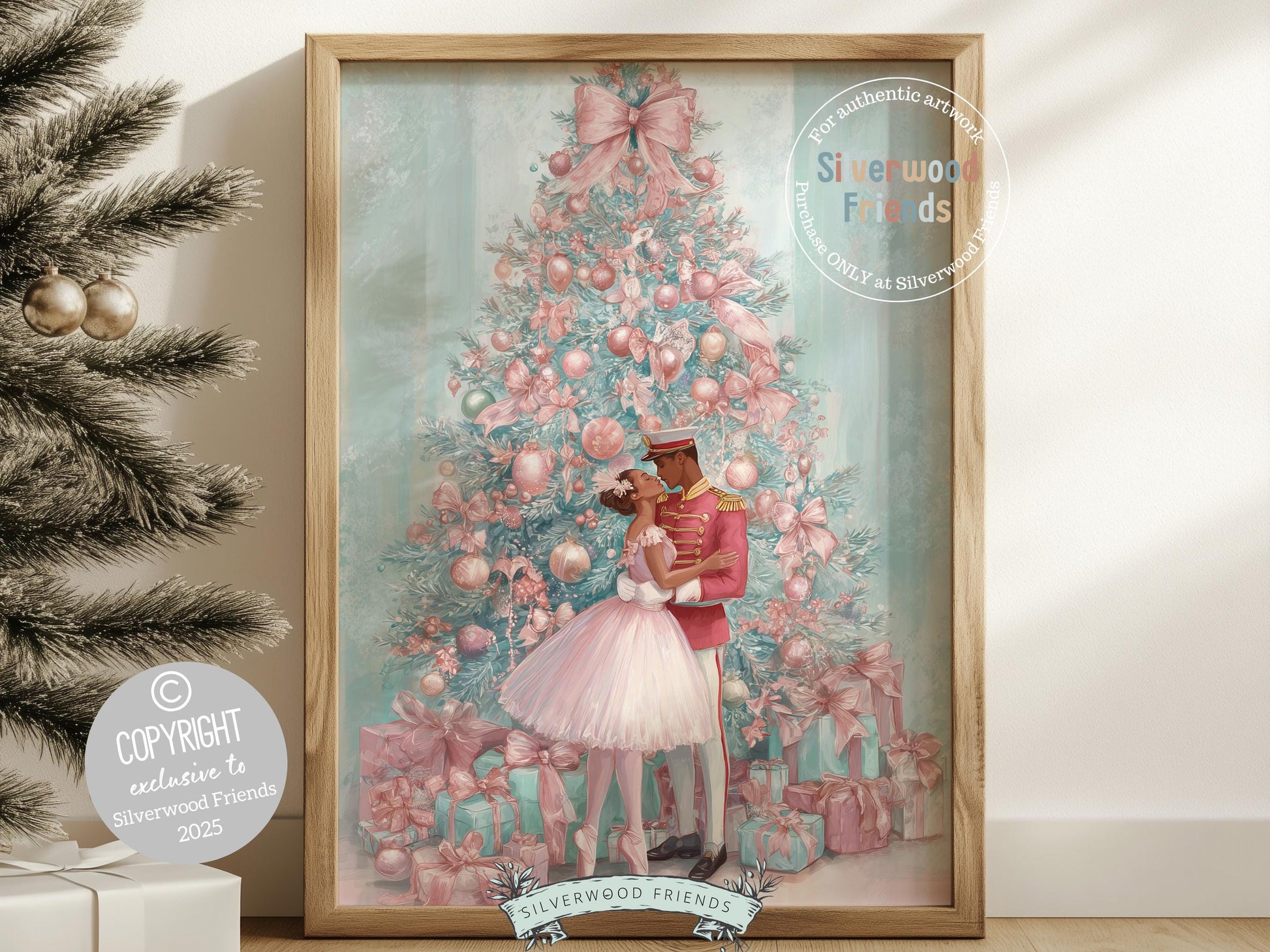 African American Nutcracker Ballet Christmas Print, Black Ballerina and Nutcracker Pastel Pink Christmas Printable Wall Art Digital Download