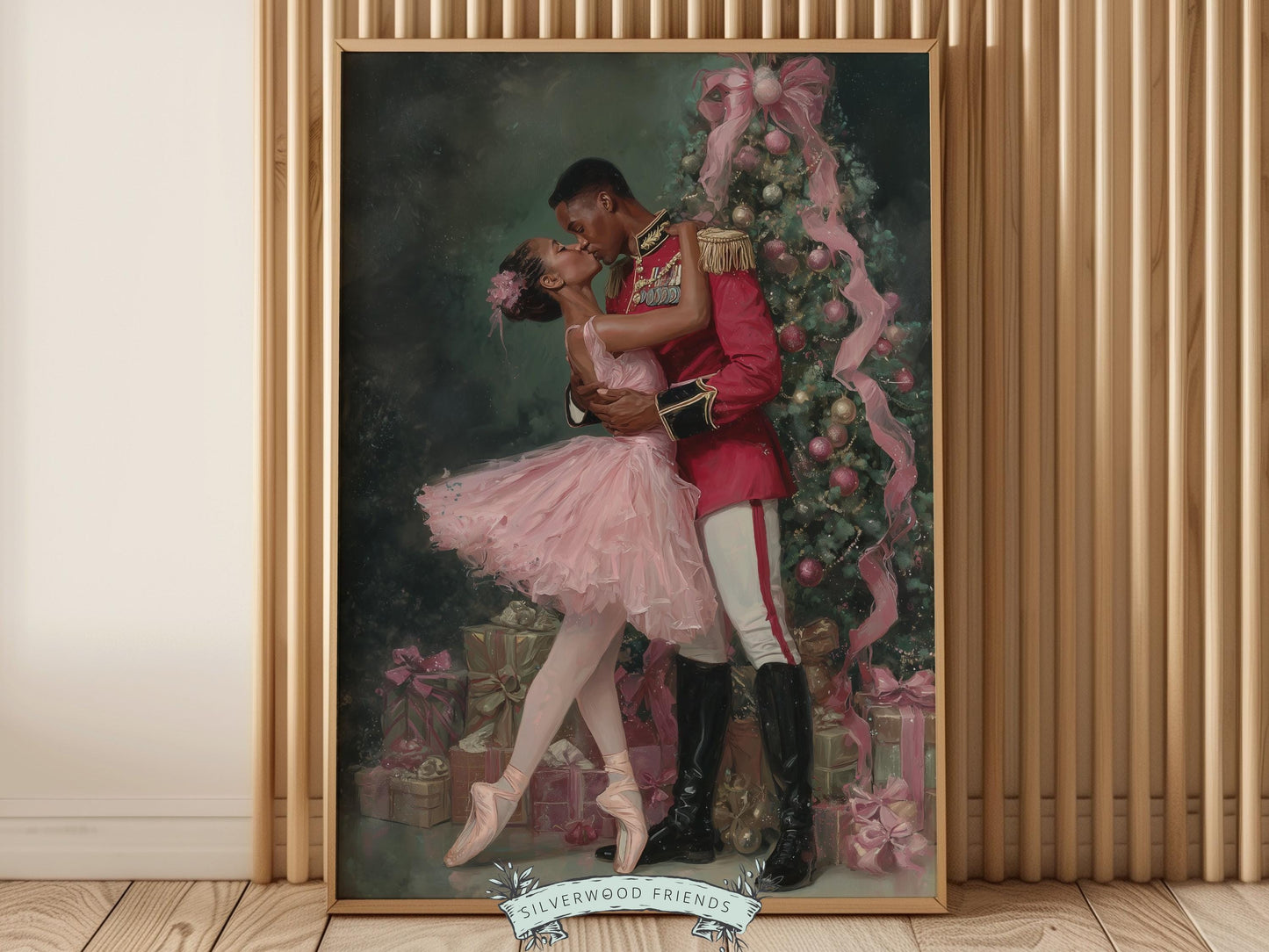 This enchanting pastel Christmas ballet print captures a magical moment as a graceful African American ballerina dances with a Nutcracker soldier beside a shimmering Christmas tree. The perfect gift for ballet lovers, this soft watercolor artwork brings whimsical romance and festive elegance to any space, adding year-round charm and beauty.