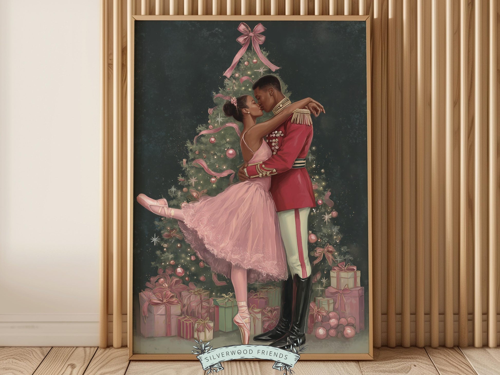 This enchanting pastel Christmas ballet print captures a magical moment as a graceful African American ballerina dances with a Nutcracker soldier beside a shimmering Christmas tree. The perfect gift for ballet lovers, this soft watercolor artwork brings whimsical romance and festive elegance to any space, adding year-round charm and beauty.