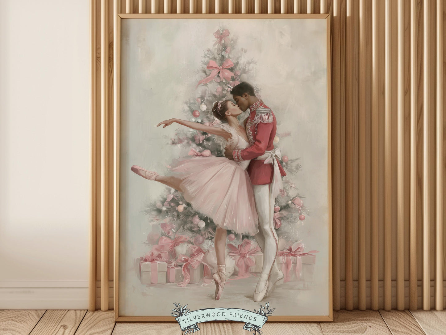 This enchanting Christmas ballet print captures a graceful ballerina kissing a Nutcracker soldier beside a softly glowing Christmas tree. With its gentle watercolor tones and festive charm, this piece makes a perfect gift for ballet lovers and adds a touch of timeless elegance and magic to any space all year round.