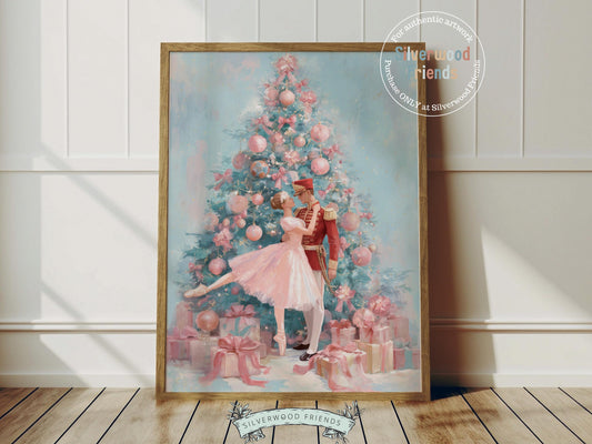 This enchanting pastel pink and blue Christmas ballet print captures a magical moment as a graceful ballerina dances with a Nutcracker soldier in front of a beautiful Christmas tree. The perfect gift for ballet lovers this print brings whimsical romance and festive charm to any space, making it delightful decor all year round!