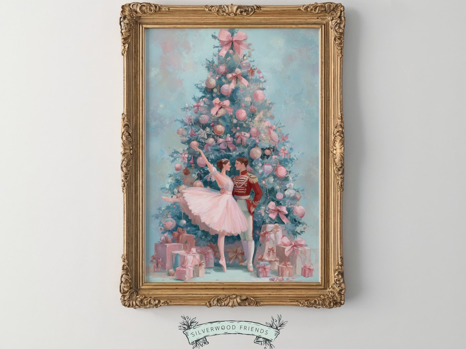This enchanting pastel pink and blue Christmas ballet print captures a magical moment as a graceful ballerina dances with a Nutcracker soldier in front of a beautiful Christmas tree. The perfect gift for ballet lovers this print brings whimsical romance and festive charm to any space, making it delightful decor all year round!