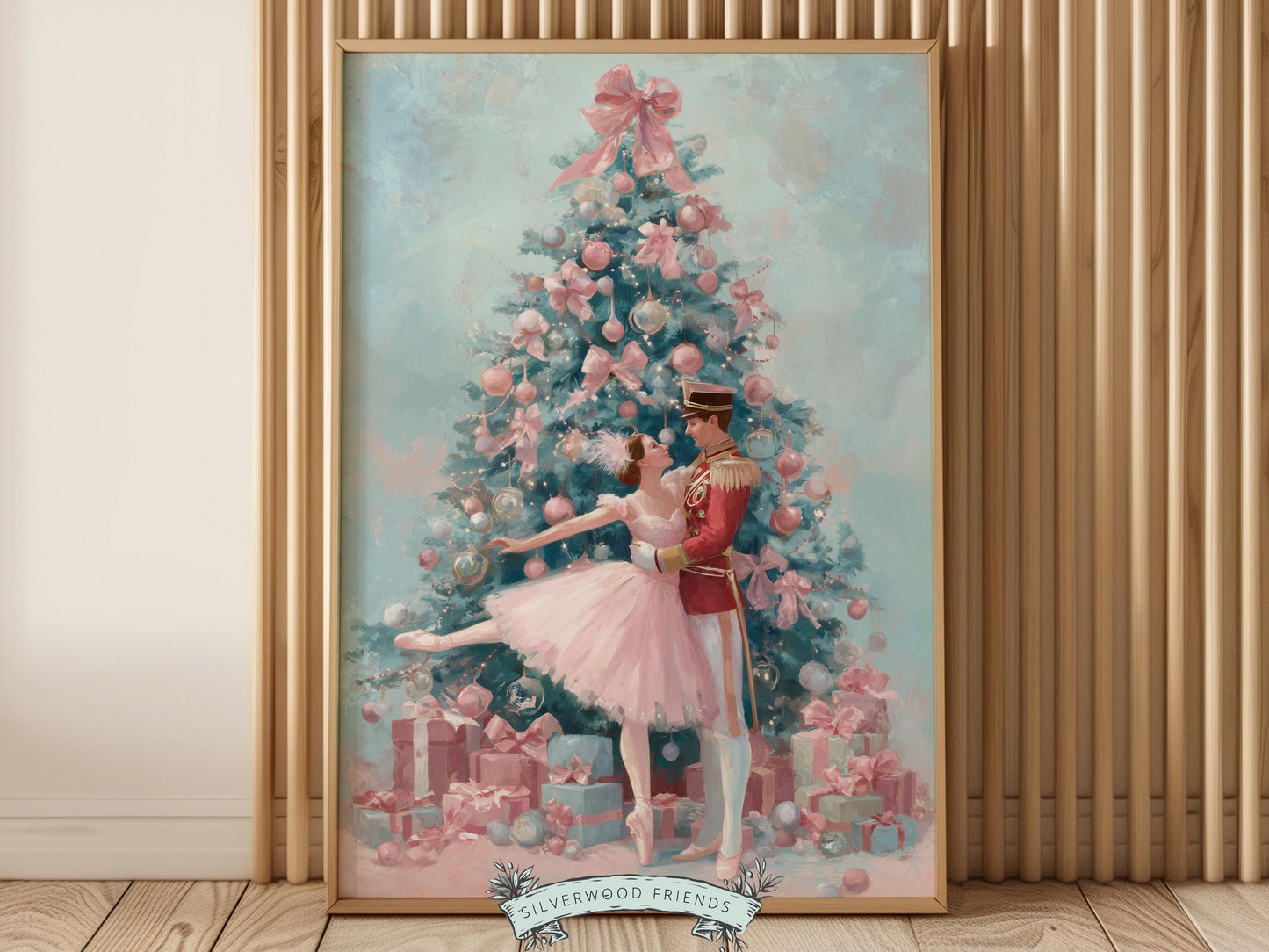 This enchanting pastel pink and blue Christmas ballet print captures a magical moment as a graceful ballerina dances with a Nutcracker soldier in front of a beautiful Christmas tree. The perfect gift for ballet lovers this print brings whimsical romance and festive charm to any space, making it delightful decor all year round!