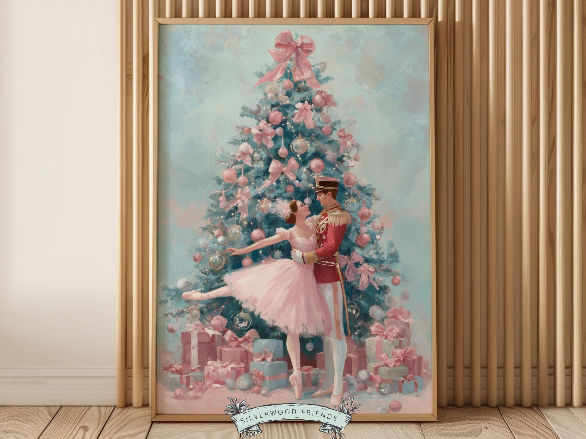 This enchanting pastel pink and blue Christmas ballet print captures a magical moment as a graceful ballerina dances with a Nutcracker soldier in front of a beautiful Christmas tree. The perfect gift for ballet lovers this print brings whimsical romance and festive charm to any space, making it delightful decor all year round!
