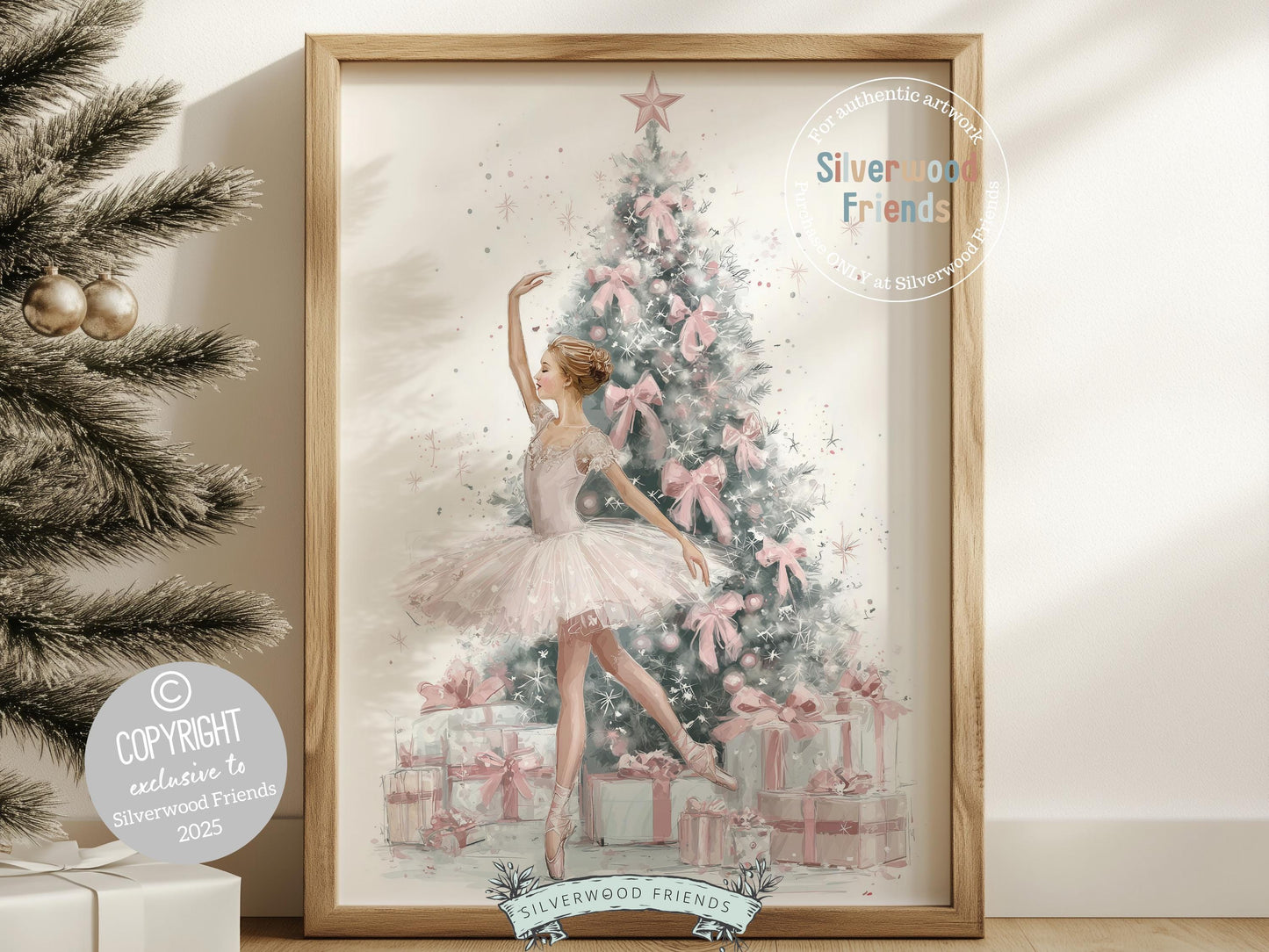 Ballerina Christmas Tree Print, Pink Ballerina Christmas Printable Wall Art, Girls Ballet Dancing Festive Christmas Decor Gift Digital Print