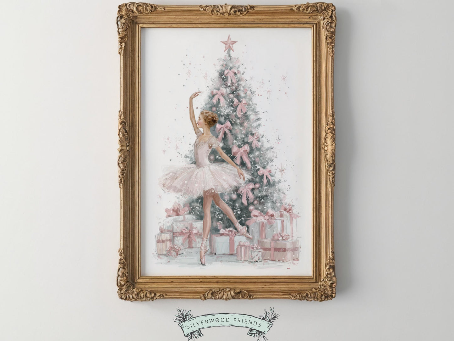 Ballerina Christmas Tree Print, Pink Ballerina Christmas Printable Wall Art, Girls Ballet Dancing Festive Christmas Decor Gift Digital Print