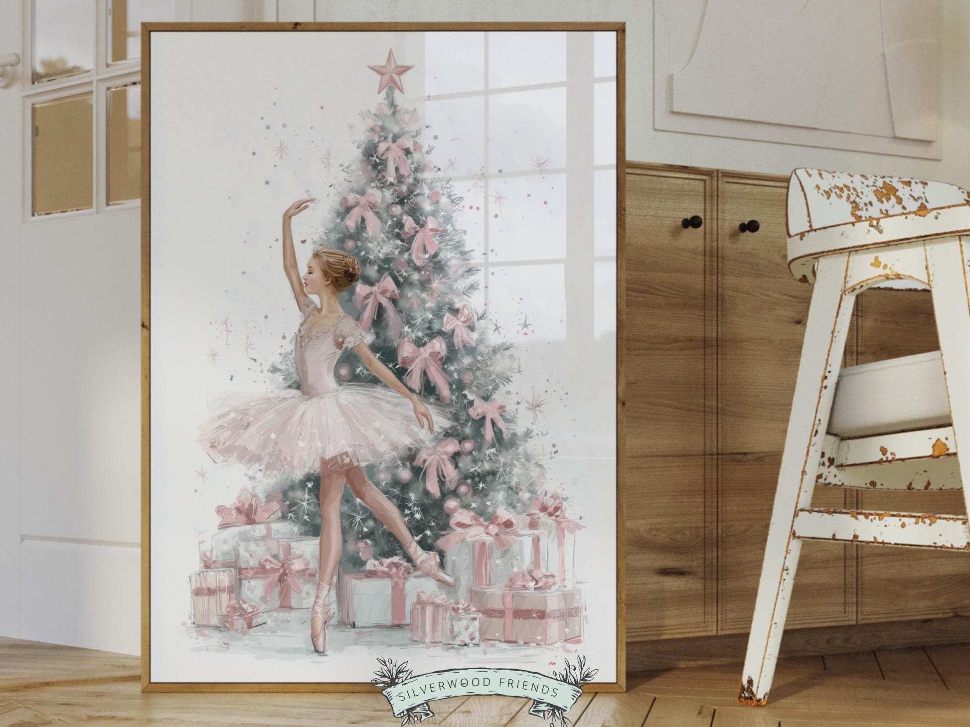 Ballerina Christmas Tree Print, Pink Ballerina Christmas Printable Wall Art, Girls Ballet Dancing Festive Christmas Decor Gift Digital Print