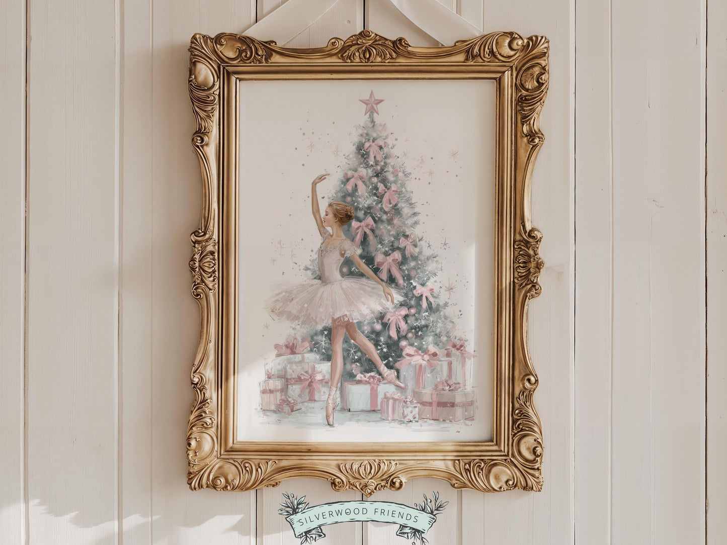 Ballerina Christmas Tree Print, Pink Ballerina Christmas Printable Wall Art, Girls Ballet Dancing Festive Christmas Decor Gift Digital Print