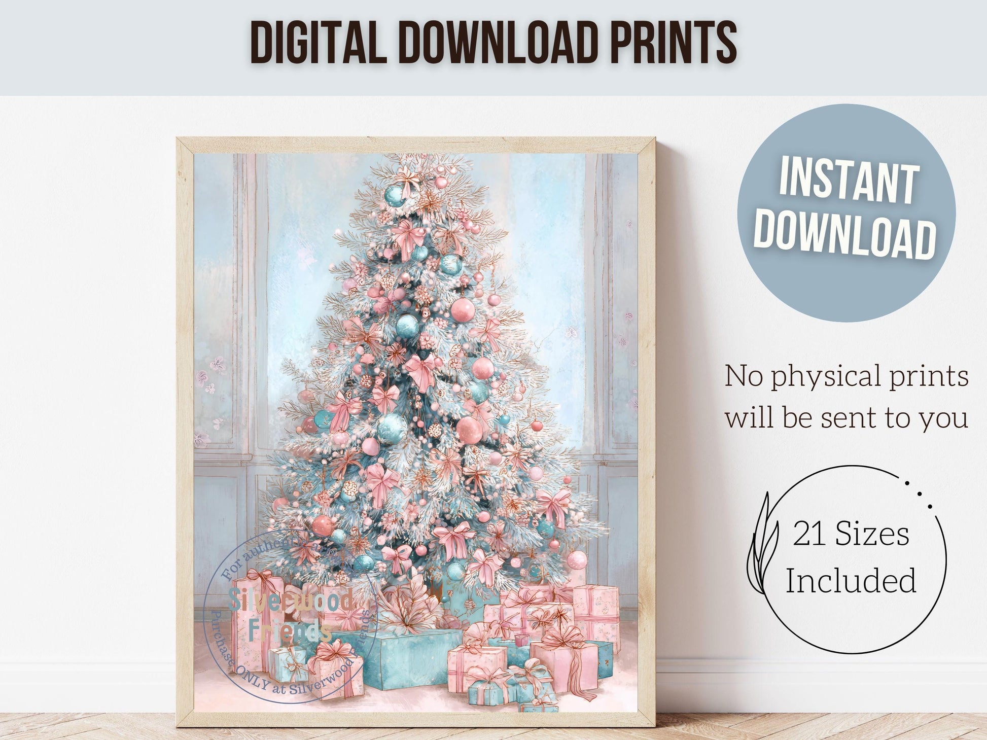 Pastel Pink and Blue Christmas Tree Print, Festive Home Decor Printable Wall Art, Preppy Holiday Hosting Decorations, Digital Download Print