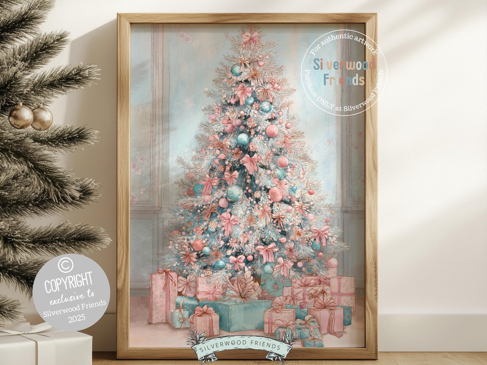 Pastel Pink and Blue Christmas Tree Print, Festive Home Decor Printable Wall Art, Preppy Holiday Hosting Decorations, Digital Download Print
