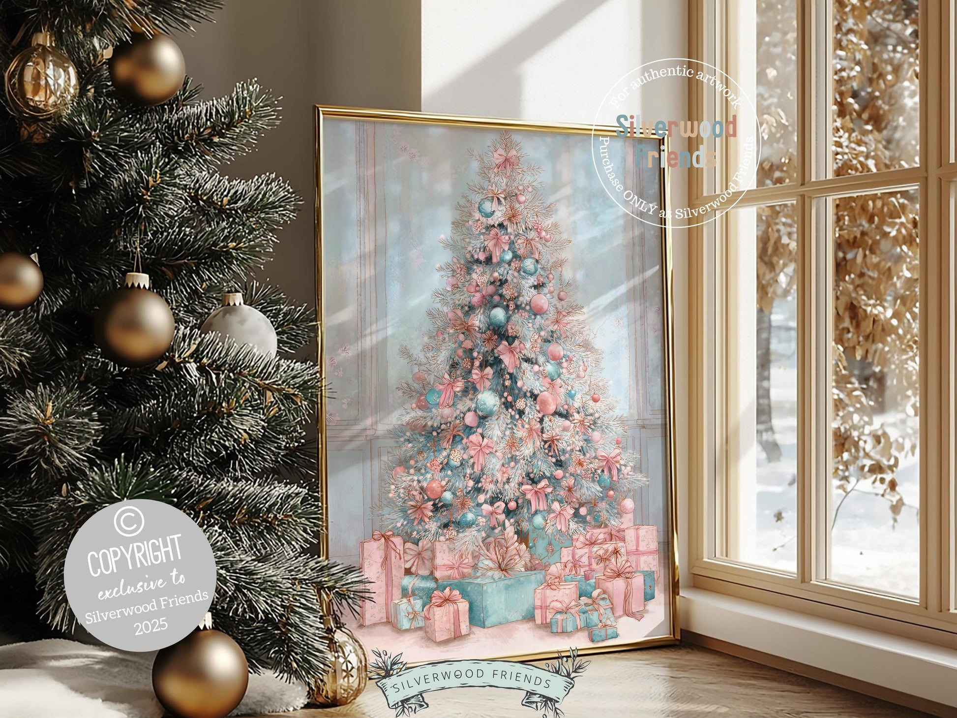 Pastel Pink and Blue Christmas Tree Print, Festive Home Decor Printable Wall Art, Preppy Holiday Hosting Decorations, Digital Download Print