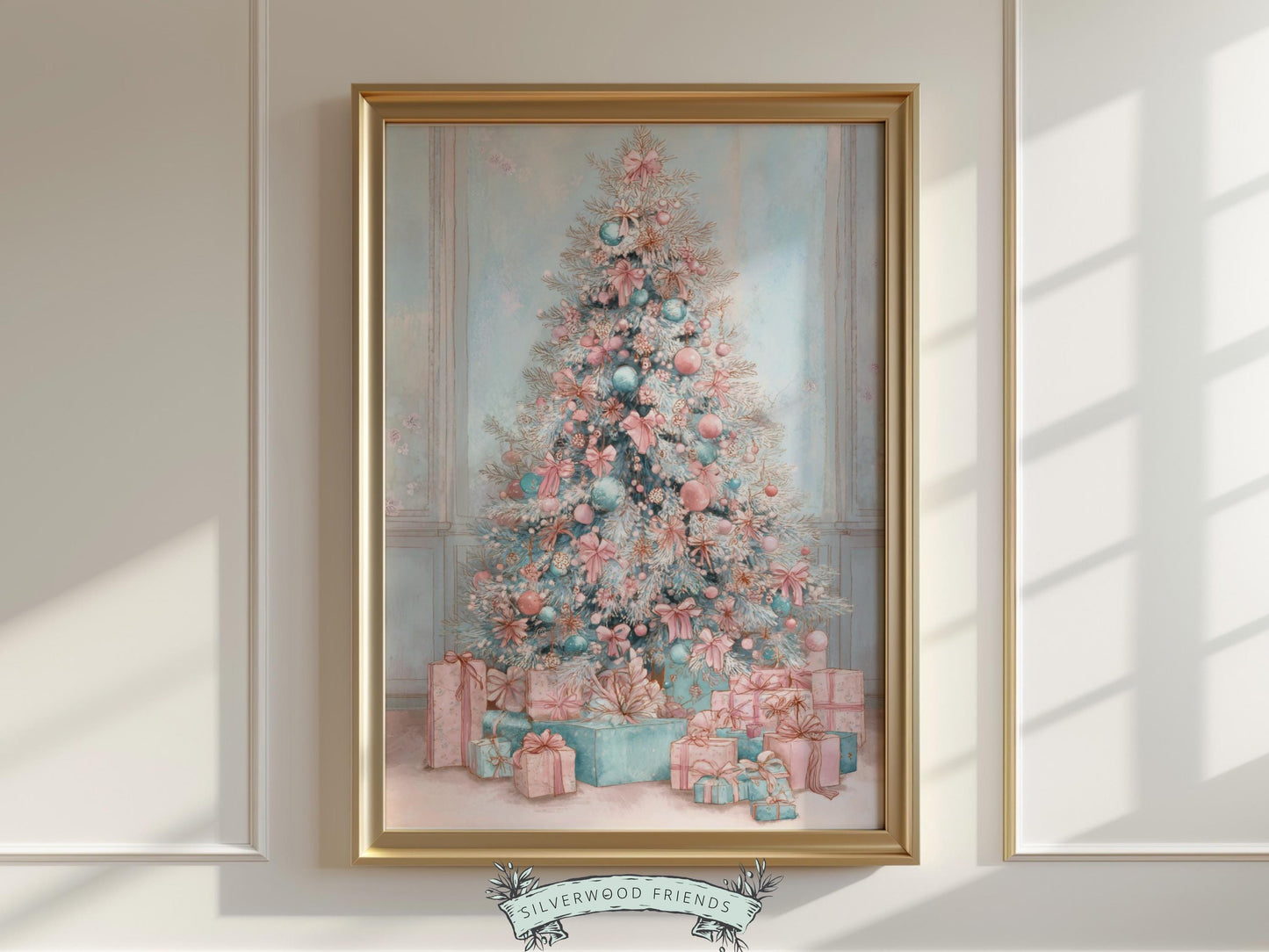 This charming pastel Christmas print features a soft watercolor tree adorned with delicate pink and blue bows, shimmering baubles, and beautifully wrapped gifts beneath. With its dreamy hues and gentle festive spirit, it adds a touch of whimsical elegance and cozy holiday magic to any nursery or home décor.