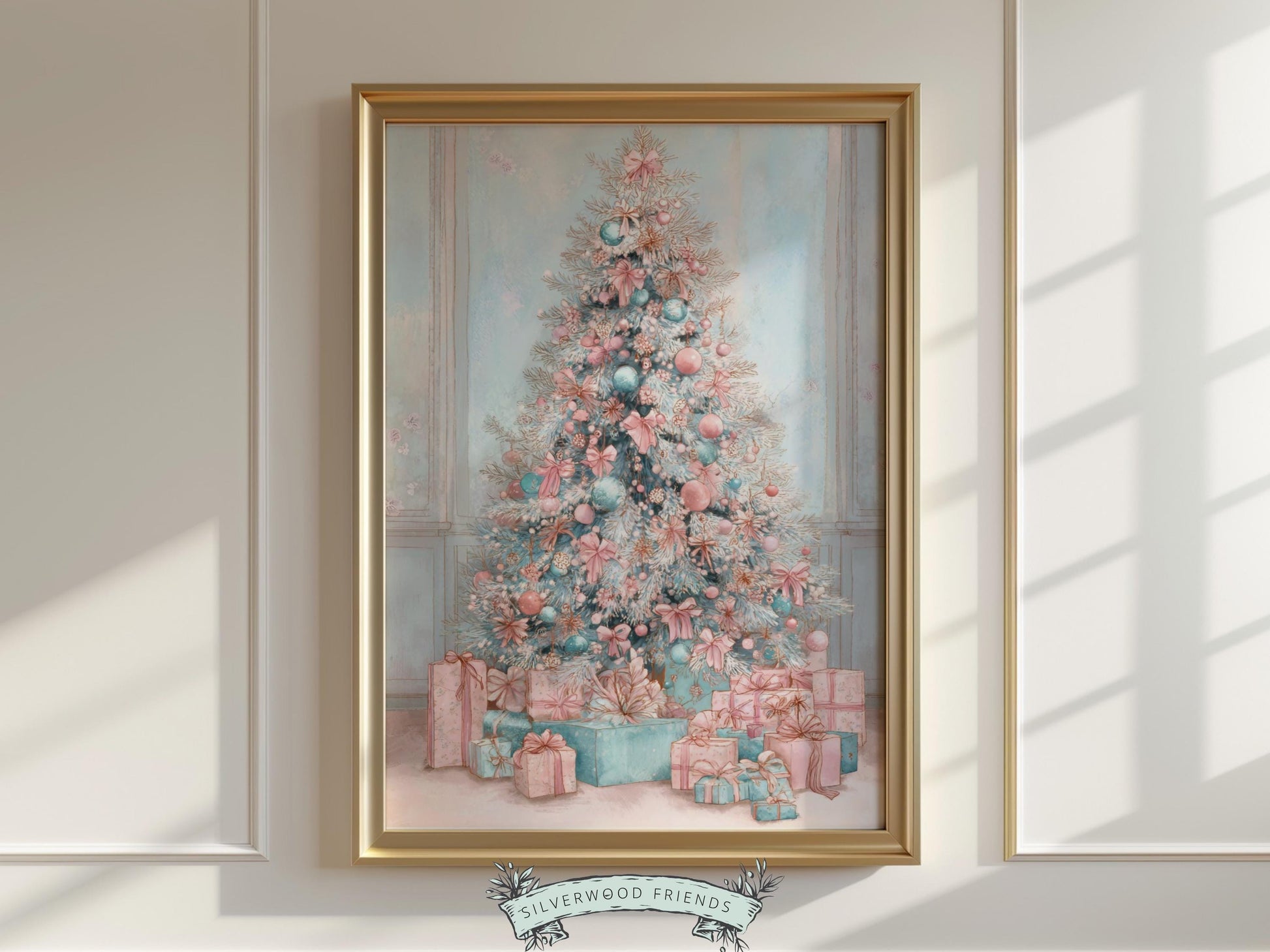 This charming pastel Christmas print features a soft watercolor tree adorned with delicate pink and blue bows, shimmering baubles, and beautifully wrapped gifts beneath. With its dreamy hues and gentle festive spirit, it adds a touch of whimsical elegance and cozy holiday magic to any nursery or home décor.