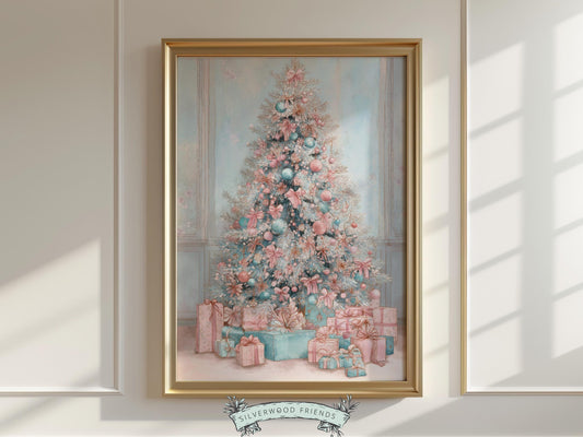 This charming pastel Christmas print features a soft watercolor tree adorned with delicate pink and blue bows, shimmering baubles, and beautifully wrapped gifts beneath. With its dreamy hues and gentle festive spirit, it adds a touch of whimsical elegance and cozy holiday magic to any nursery or home décor.