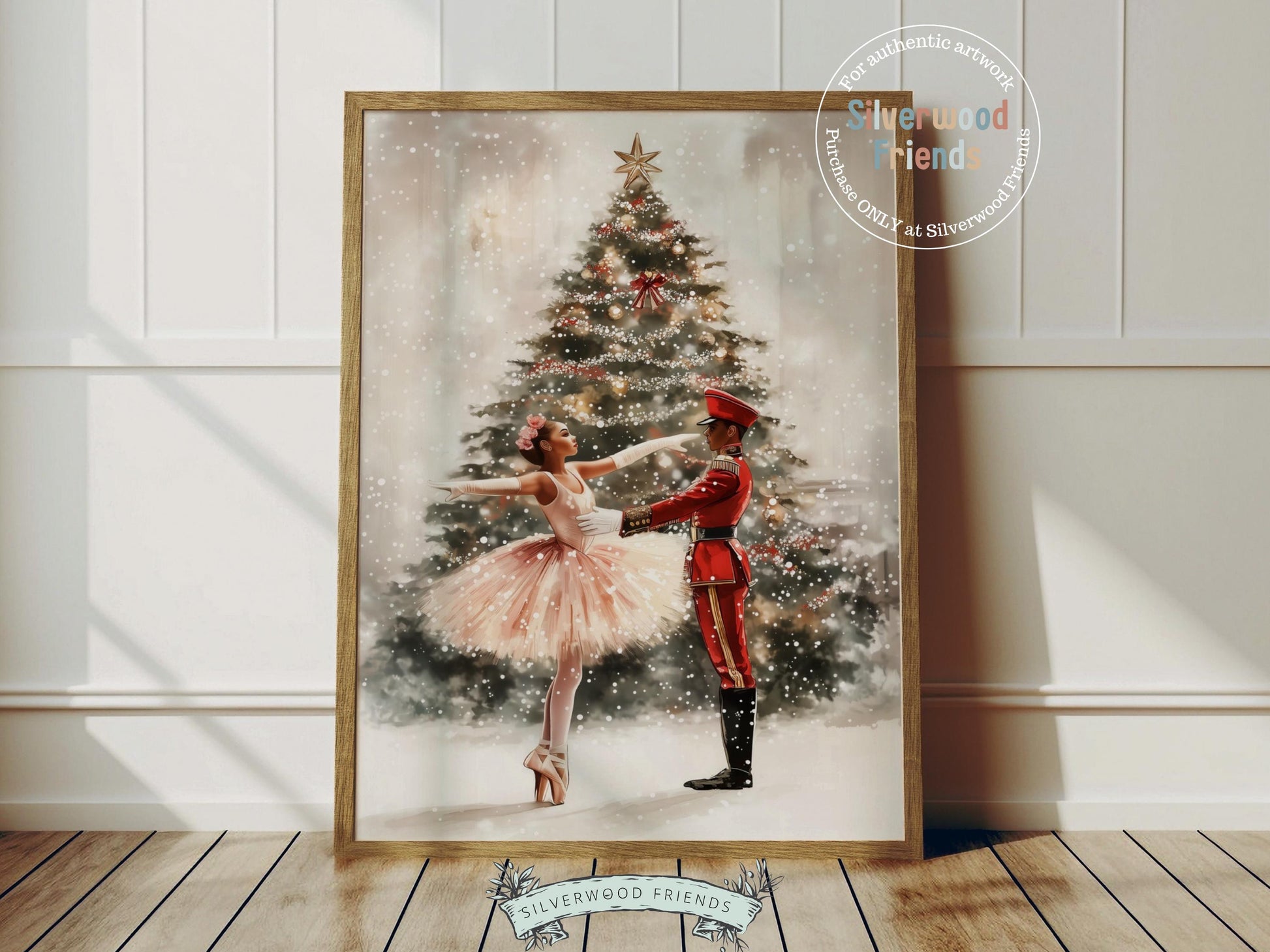 This enchanting Christmas ballet print captures a magical moment as a graceful African American ballerina dances with a Nutcracker soldier in front of a beautiful Christmas tree. The perfect gift for ballet lovers this print brings whimsical romance and festive charm to any space, making it delightful decor all year round!