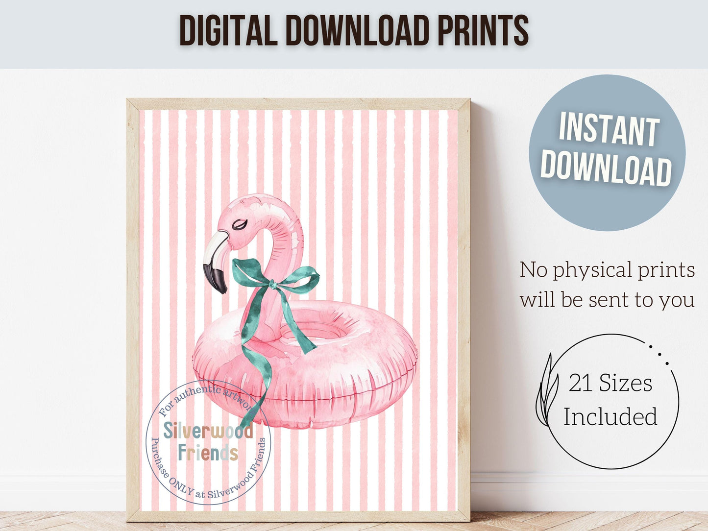 Beach Nursery Prints, Girls Beach Pastel Pink and Green House Room Decor, Flamingo Surfboard Bikini - Summer Wall Art Set of 6 Digital Print