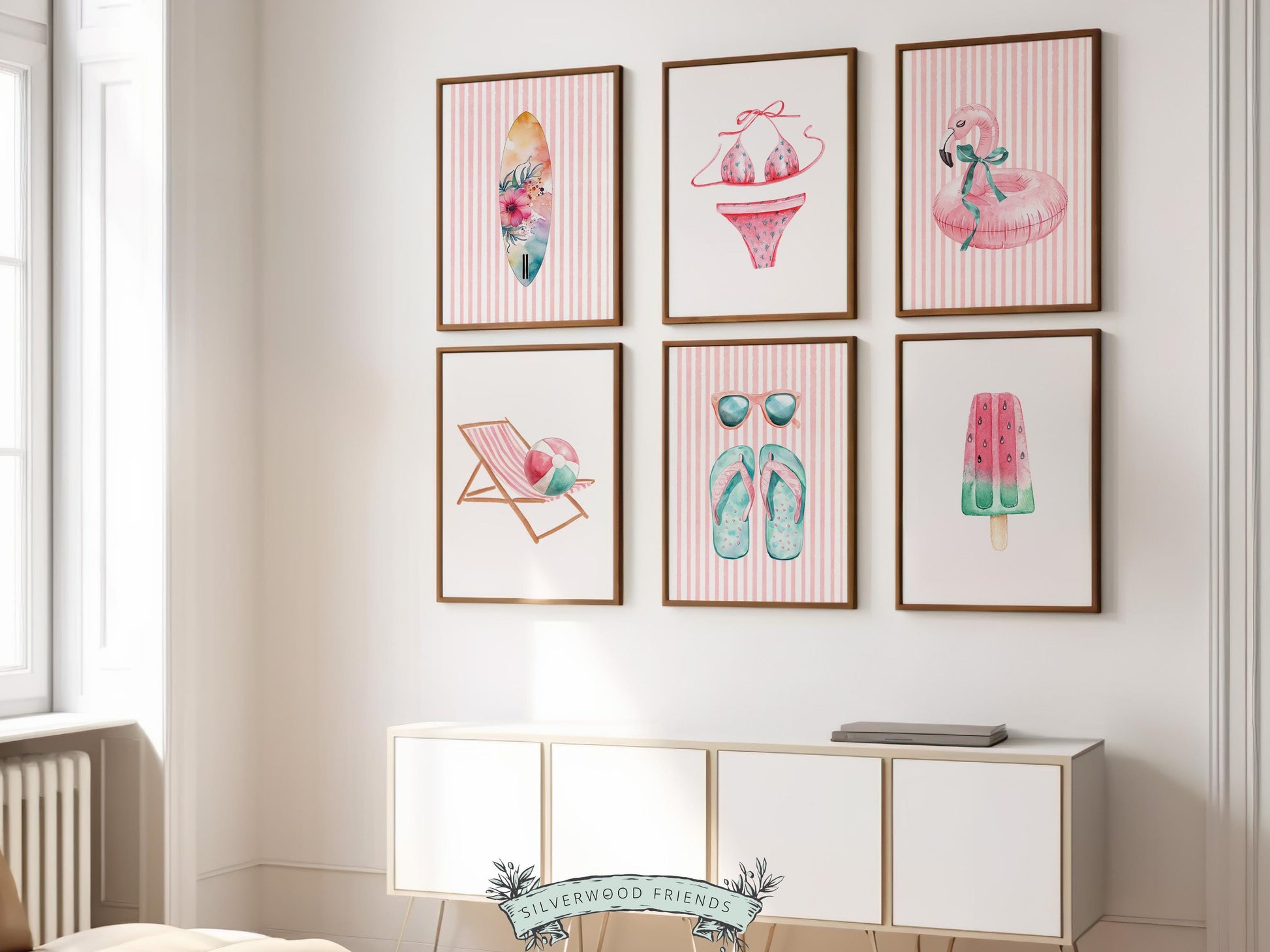 Beach Nursery Prints, Girls Beach Pastel Pink and Green House Room Decor, Flamingo Surfboard Bikini - Summer Wall Art Set of 6 Digital Print
