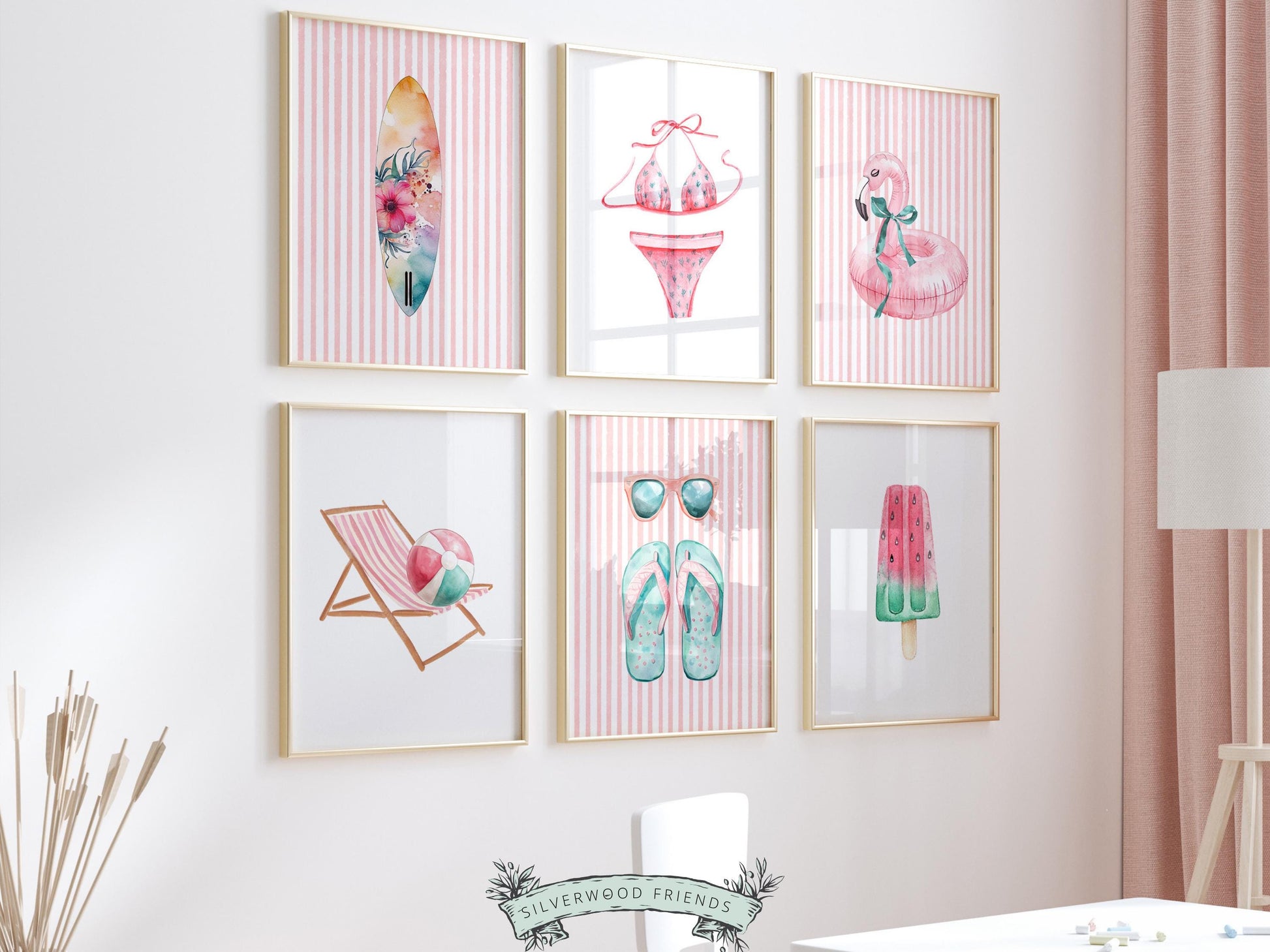 Beach Nursery Prints, Girls Beach Pastel Pink and Green House Room Decor, Flamingo Surfboard Bikini - Summer Wall Art Set of 6 Digital Print