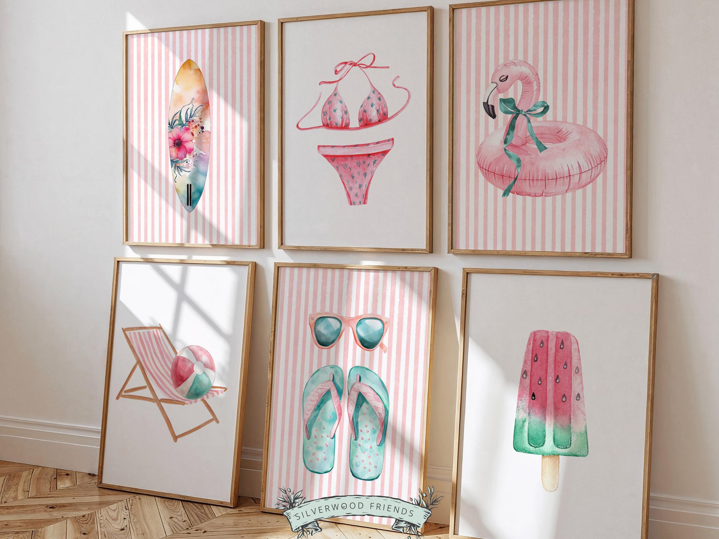 Beach Nursery Prints, Girls Beach Pastel Pink and Green House Room Decor, Flamingo Surfboard Bikini - Summer Wall Art Set of 6 Digital Print