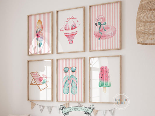 Enhance your decor with our versatile Set of 6 Coastal Prints featuring minimalist pastel pink and green beachy designs, ideal for your beach house or girls' surfing room wall decor. Our charming prints also make a thoughtful and unique beachy baby shower gift, adding a serene coastal touch to any space.