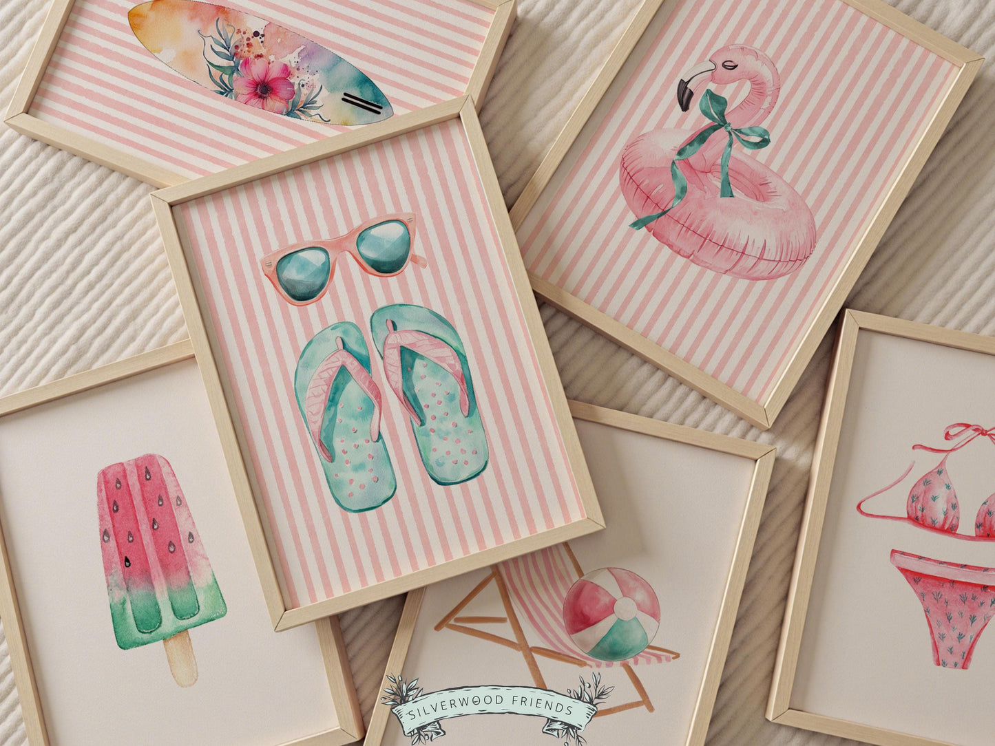 Beach Nursery Prints, Girls Beach Pastel Pink and Green House Room Decor, Flamingo Surfboard Bikini - Summer Wall Art Set of 6 Digital Print