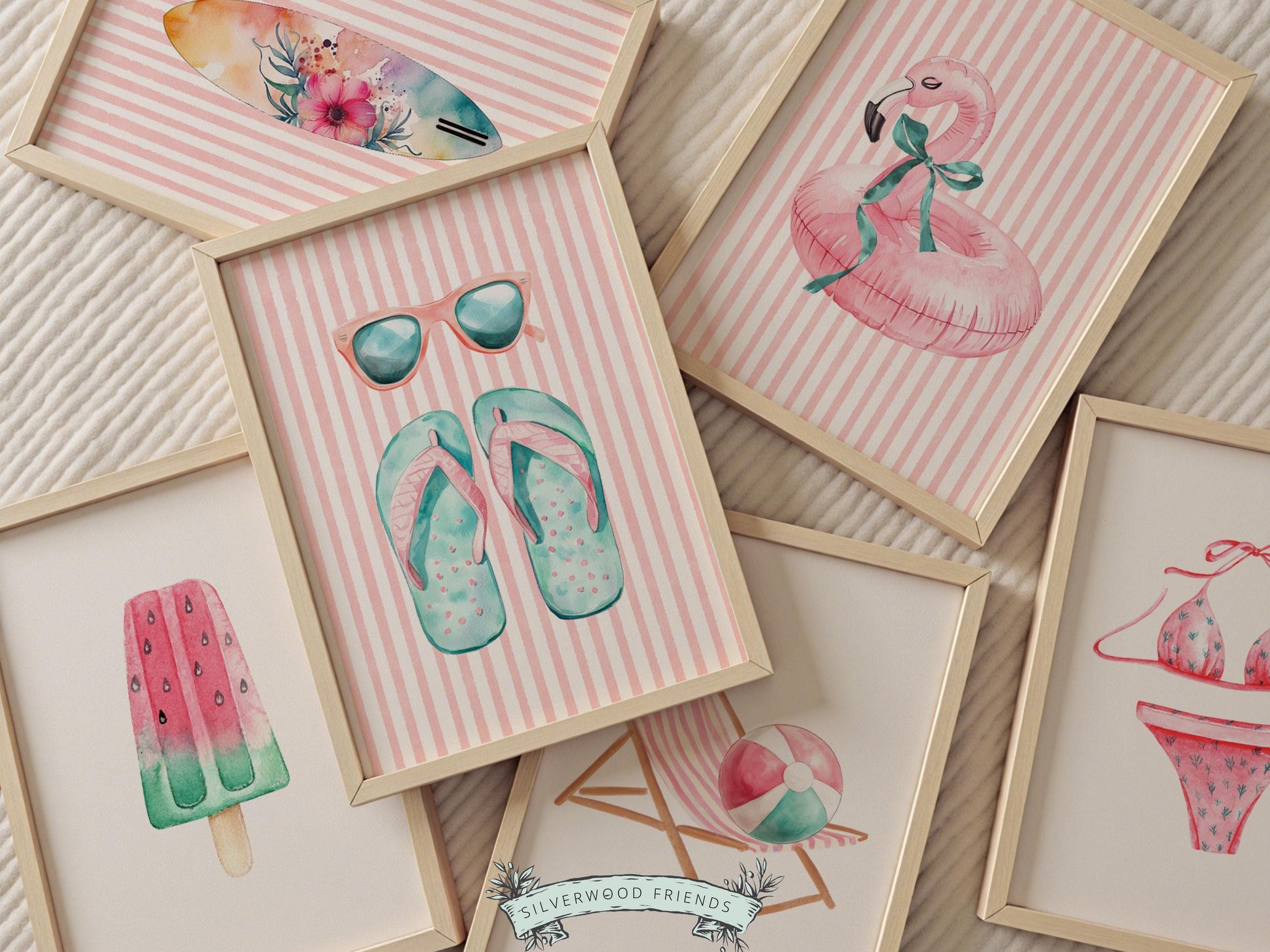 Beach Nursery Prints, Girls Beach Pastel Pink and Green House Room Decor, Flamingo Surfboard Bikini - Summer Wall Art Set of 6 Digital Print