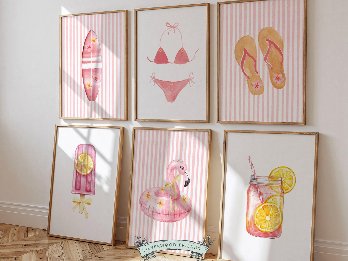 Pink Beach Nursery Prints, Girls Beach House Room Decor, Flamingo Surfboard Bikini Ice Cream - Summer Wall Art Set of 6 Digital Print