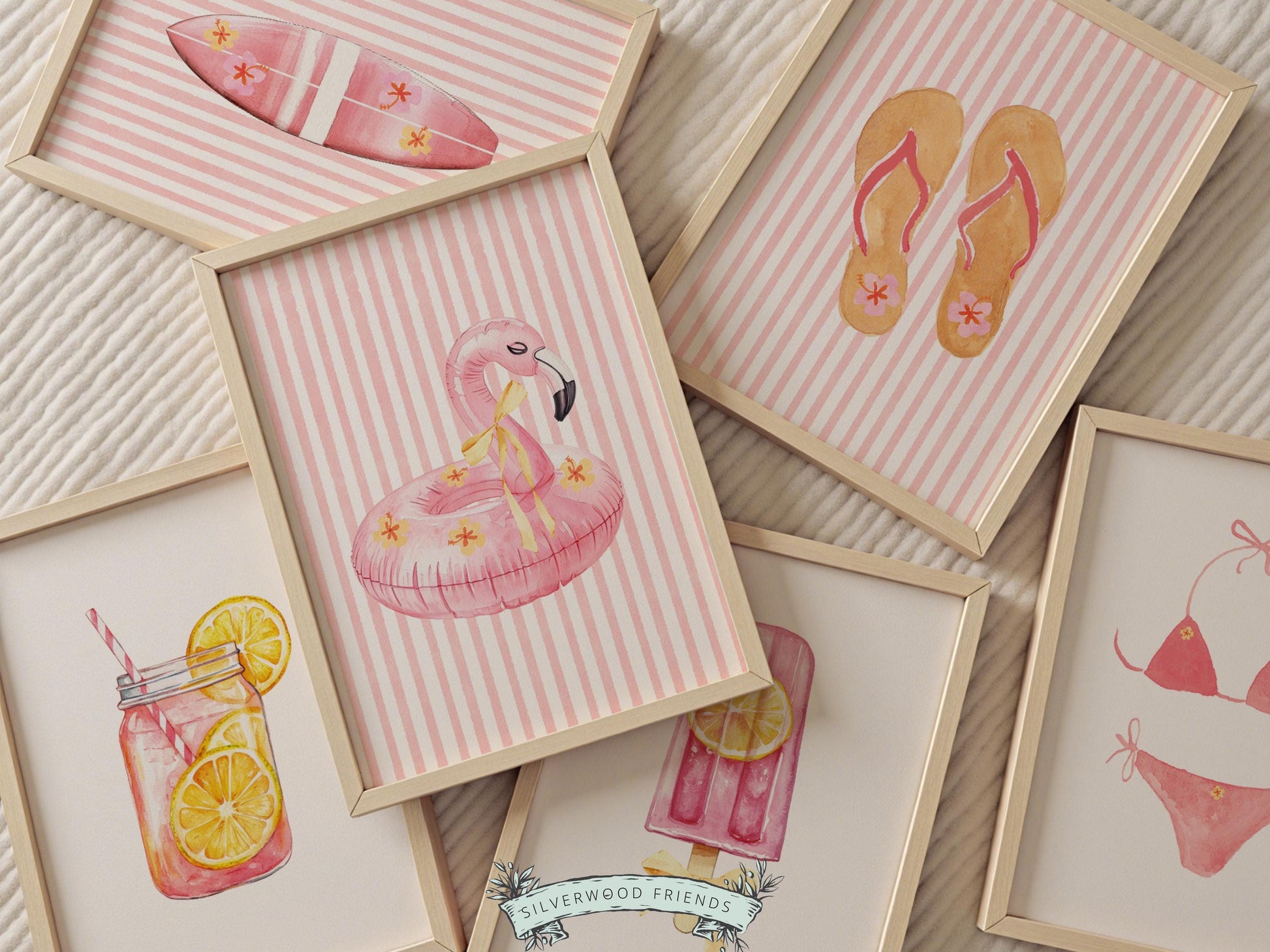 Pink Beach Nursery Prints, Girls Beach House Room Decor, Flamingo Surfboard Bikini Ice Cream - Summer Wall Art Set of 6 Digital Print