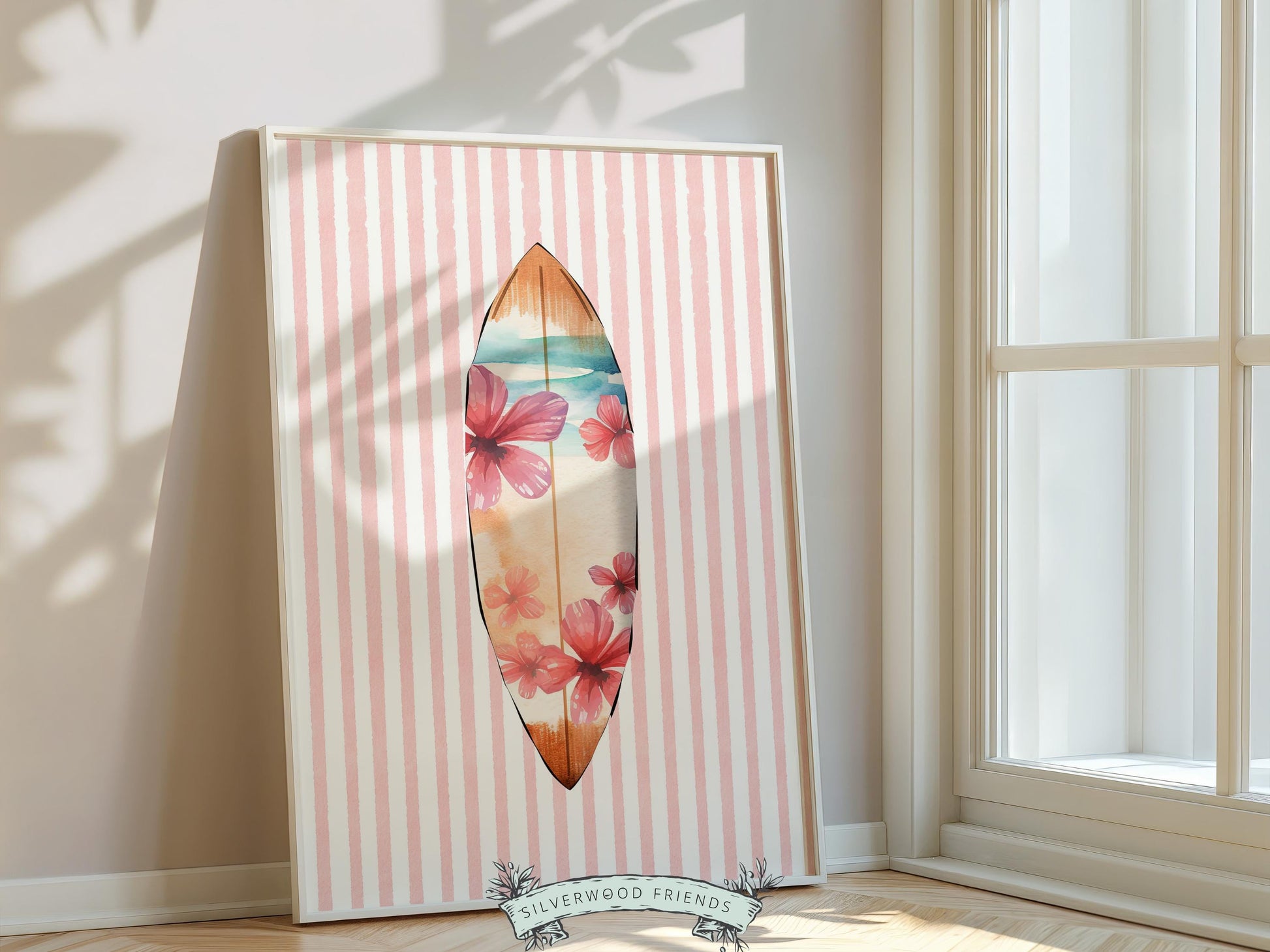 Pink Surfboard Print Set of 6, Coastal Surfboard Wall Art, Digital Download Prints