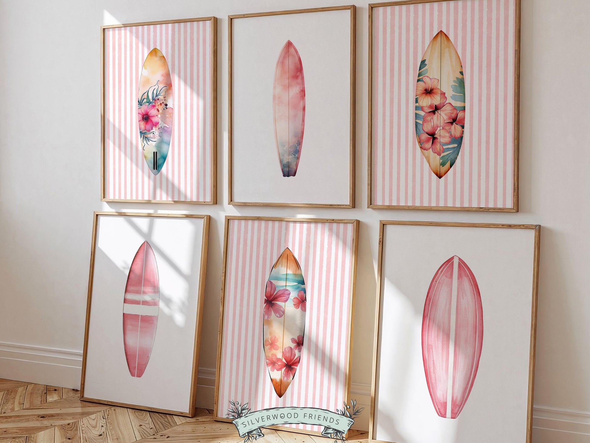 Pink Surfboard Print Set of 6, Coastal Surfboard Wall Art, Digital Download Prints