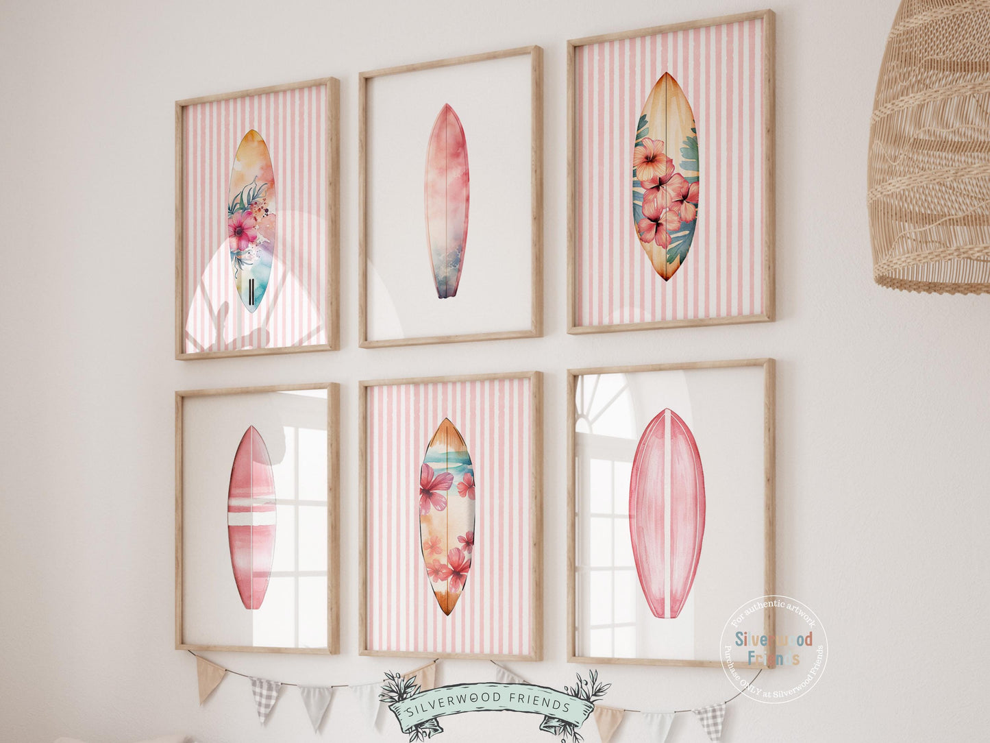 Enhance your decor with our versatile Set of 6 Pink Surfboard Prints featuring minimalist pink surfboards, ideal for your beach house or girls surfing room wall decor. Our charming prints also make a thoughtful and unique beachy baby shower gift, adding a serene coastal touch to any space.