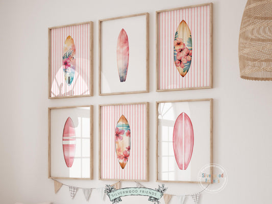 Enhance your decor with our versatile Set of 6 Pink Surfboard Prints featuring minimalist pink surfboards, ideal for your beach house or girls surfing room wall decor. Our charming prints also make a thoughtful and unique beachy baby shower gift, adding a serene coastal touch to any space.