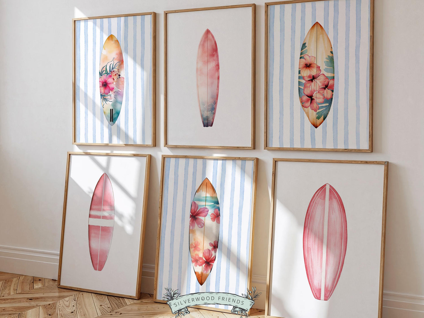 Surfboard Print Set of 6, Pastel Coastal Surfboard Wall Art, Digital Download Prints